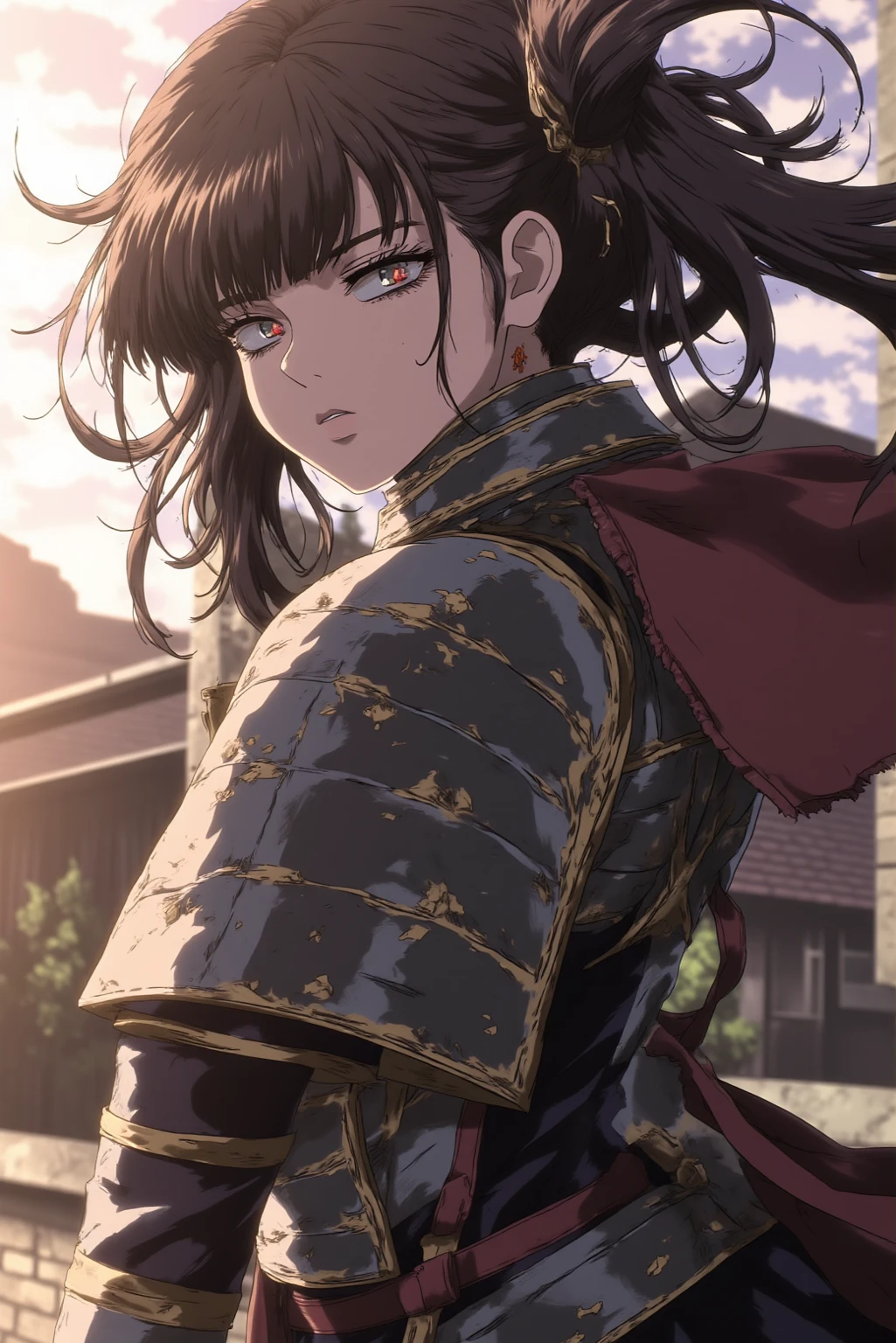score_9, score_8_up, score_7_up, 1girl, solo, Toga Himiko character, wearing a medieval armored uniform with a steeled shoulder pad, black skirt, long black boots, Beautiful and detailed eyes, black hair yubu, red eyes Masterpiece, UHD, Very Cool, "She looks over her shoulder.”