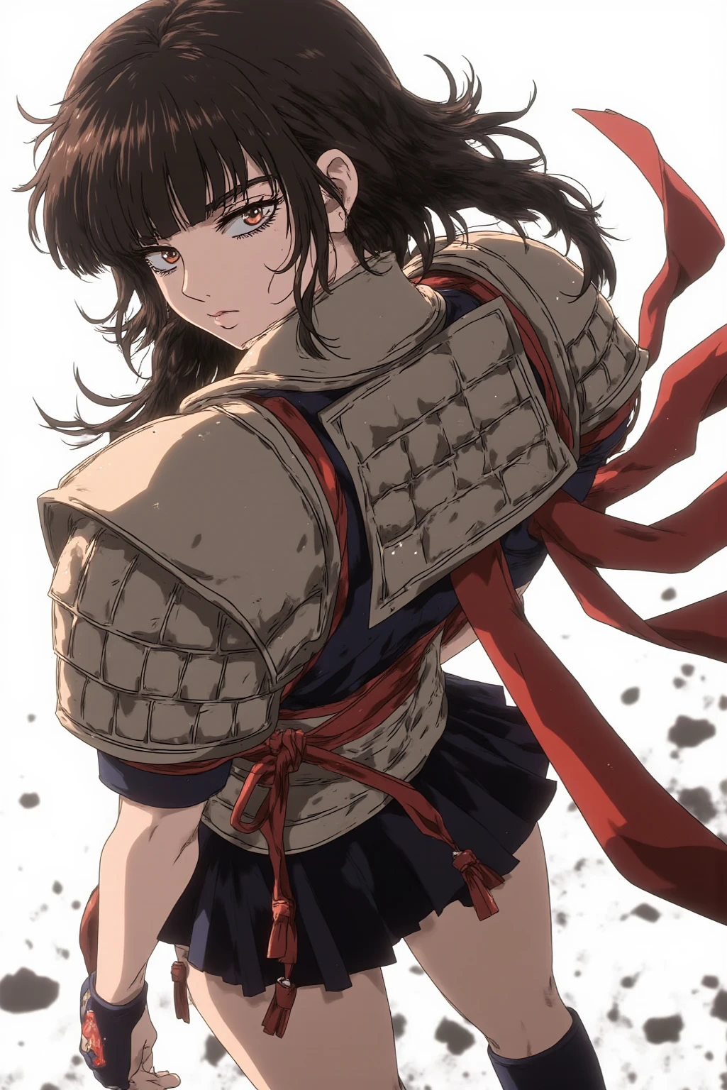score_9, score_8_up, score_7_up, 1girl, solo, Toga Himiko character, wearing a medieval armored uniform with a steeled shoulder pad, black skirt, long black boots, Beautiful and detailed eyes, black hair yubu, red eyes Masterpiece, UHD, Very Cool, "She looks over her shoulder.”