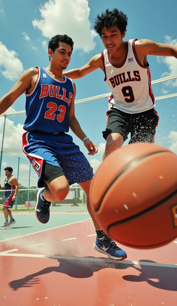 2 players play basketball game with Jordan shoes