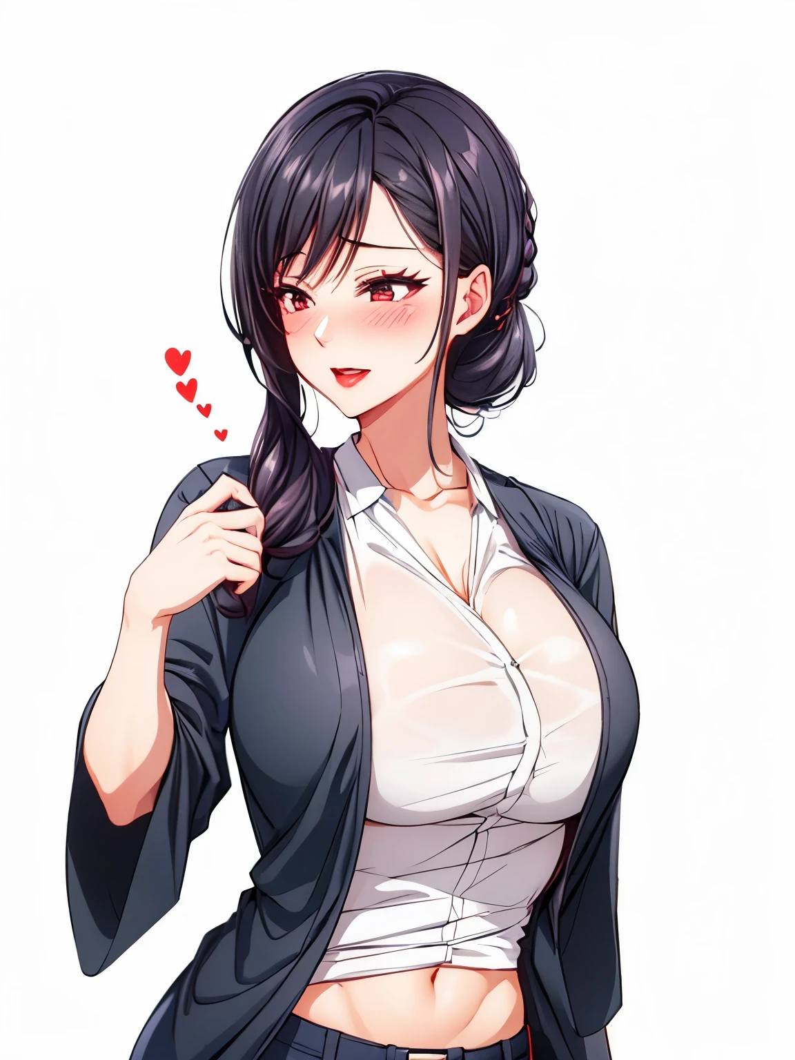 1 milf,long black hair, very big breasts, blushing, sexy body, red lips, 4K quality