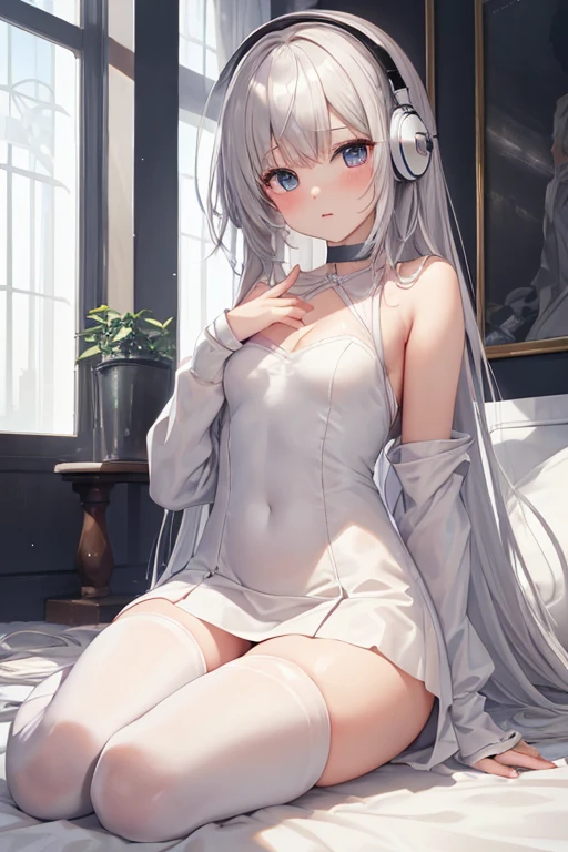 Silver long pony tail girl light grey eyes silver cat ears 2 silver cat tails wearing silver swimsuit