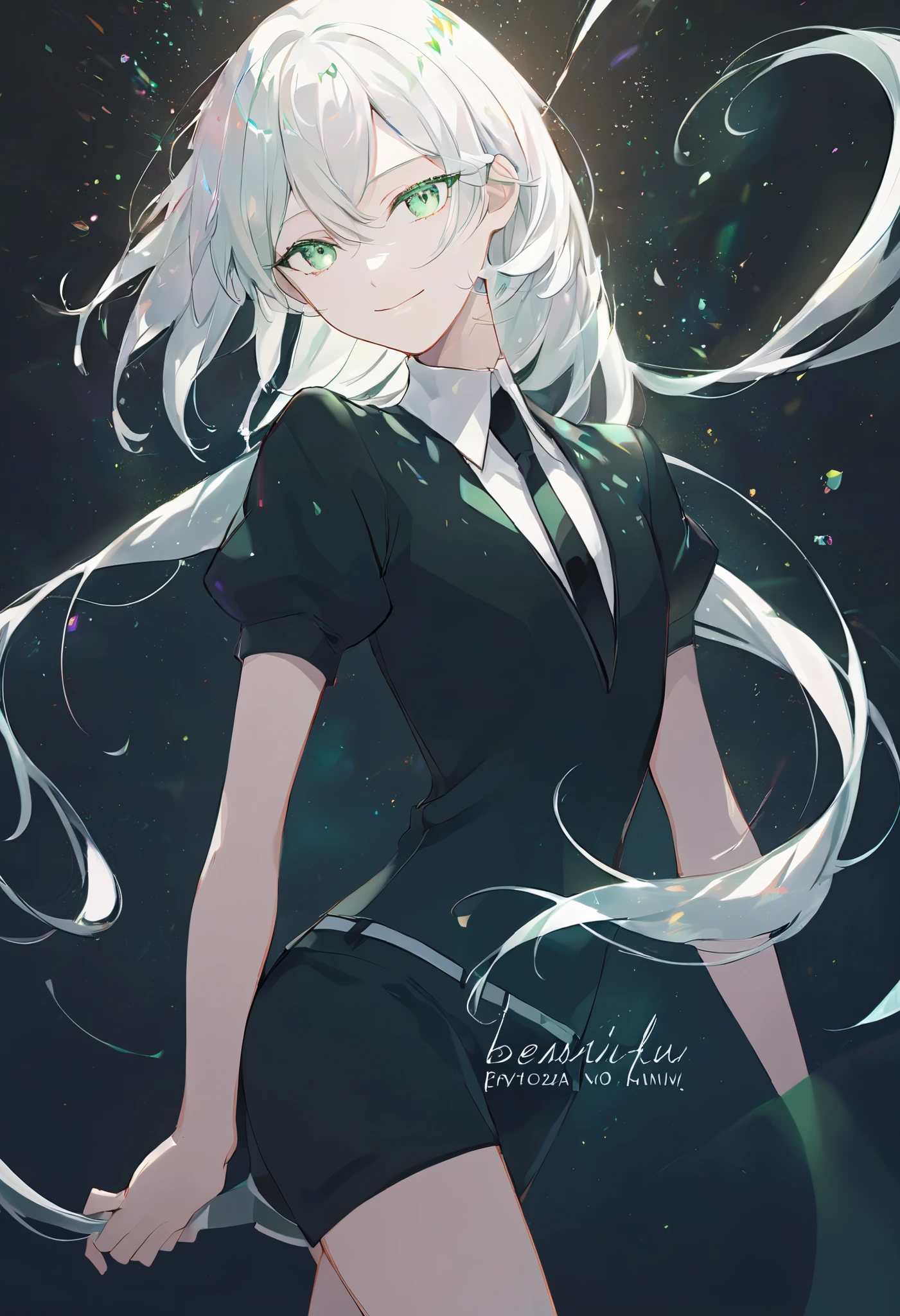 Beautiful, solo, long hair, white hair, green eyes, white shirt, black suit, short sleeves, houseki no kuni, smile facial