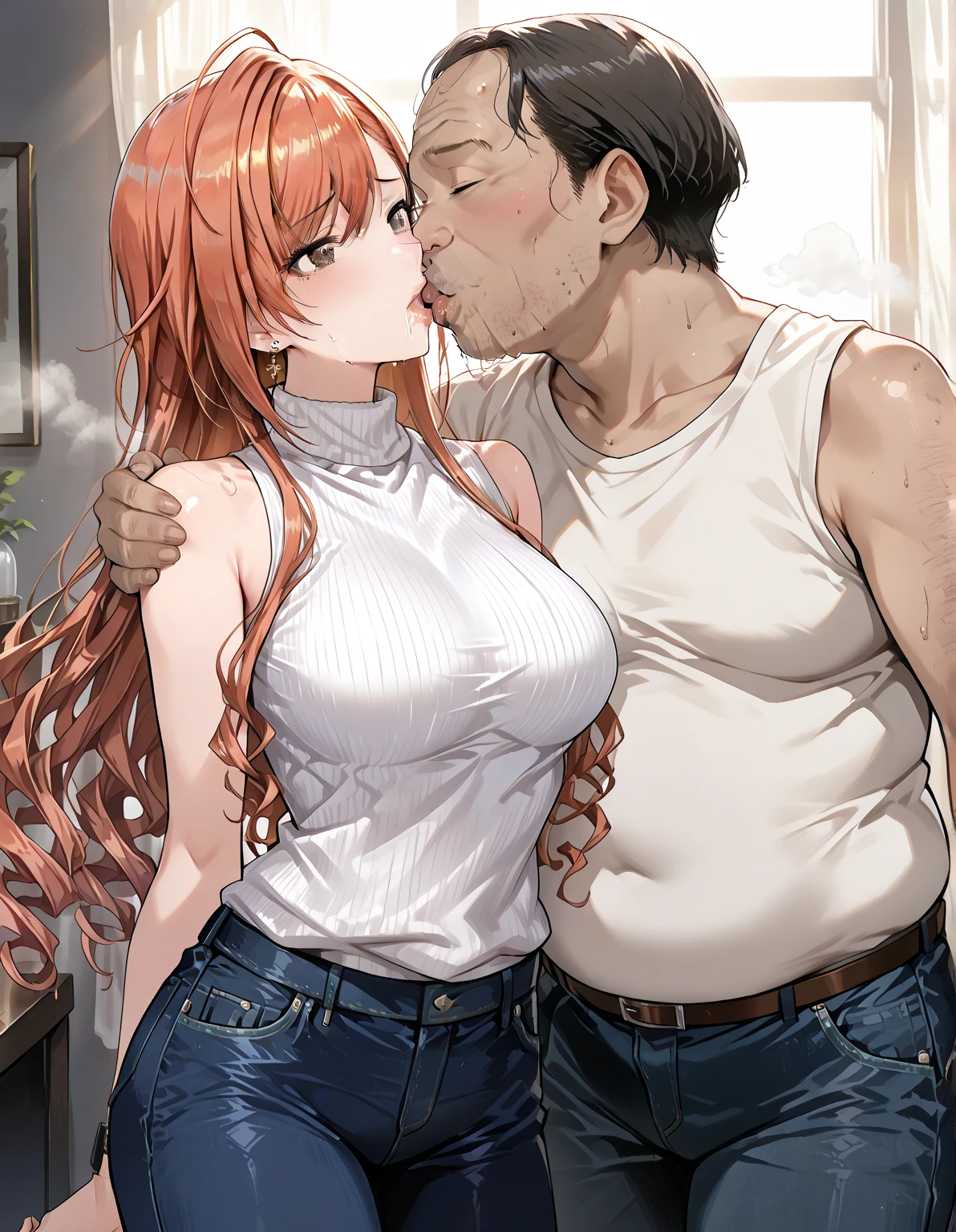 score_9, score_8_up, score_7_up, score_6_up, score_5_up, score_4_up, (anna frozen, long twin braids), shy, blushed, open shirt, black bra, bare bust, naked breast, big breast,pants,standing, ((ugly old man kissing her neck, grab her breast))), indoor, view from above
