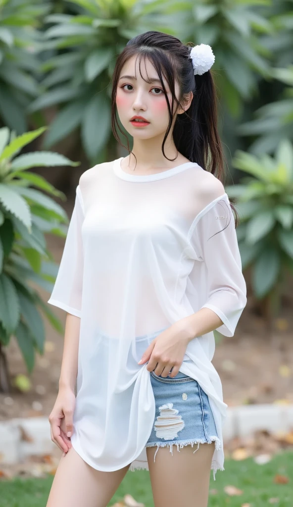 (RAW photo, Best quality), (Realistic, photo-realistic:1.2),High quality, (highdetailskin:1.4), 1girll,standing,mediuml breasts,wearing oversize T-shirt but nothing,,no underwear,long legs,in the street
