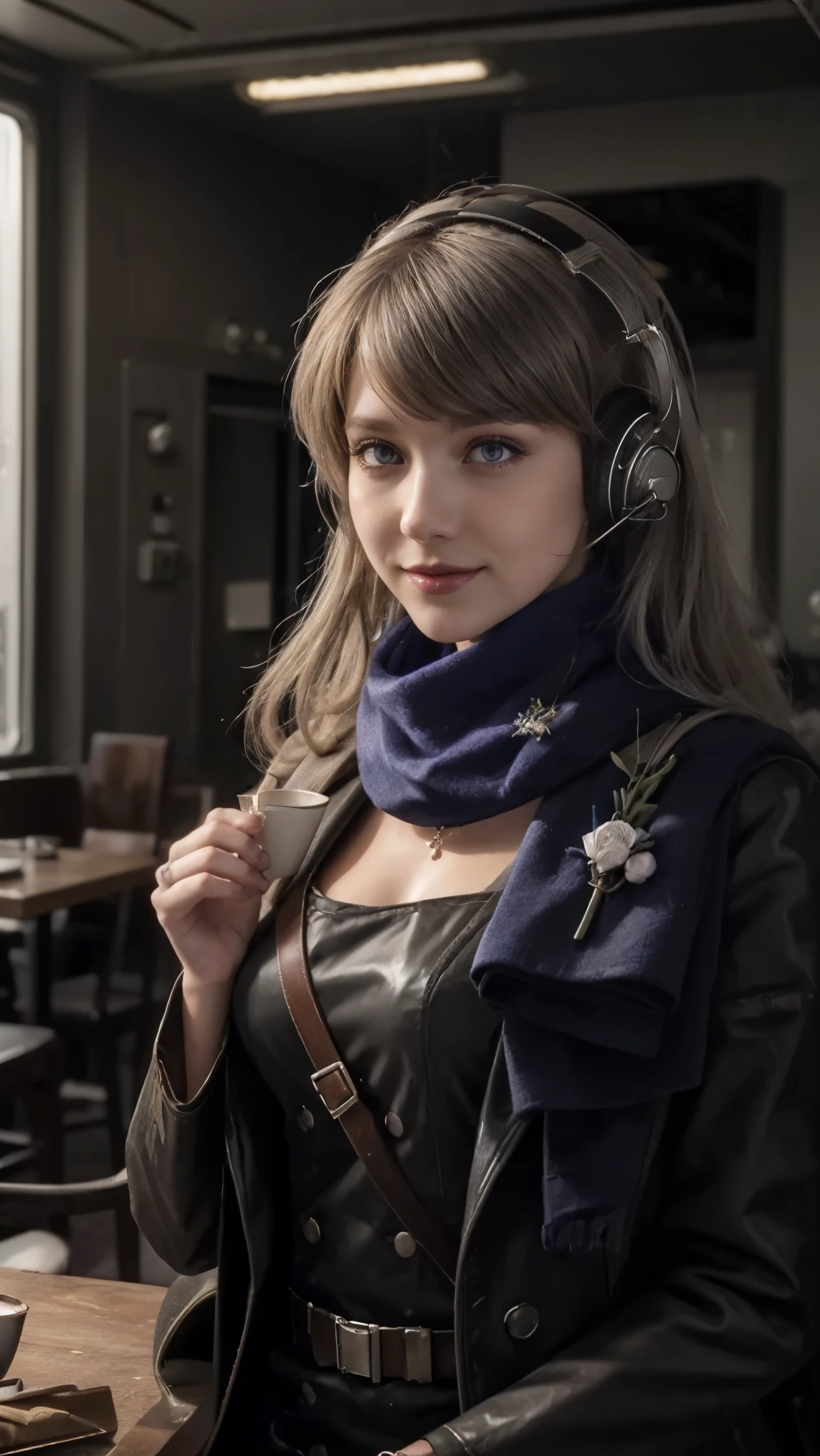 masterpiece, best quality, 1girl, solo, Bkornblume, headphones, solo, blue scarf, latex coat, pussy, observing, interrogation, black dress, black gloves, grey hair, holster gun, black coat dress, long sleeves, gloves, blushing, cafe, smile, full body, information, german girl, boots, sitting, opened breasts, die stasi spy, cafe background, pantyhose, shoes heels, holsters, coat buttons, knee, ((Danzig Street background)), misty background, Germany stasi, breasts, blue stocking, bkornblume, using cellphone telephone, buildinggs stasi, indoor, giving information intelligence, confidential document papers, (((face close-up)), (lipstick), intelligence stasi spy