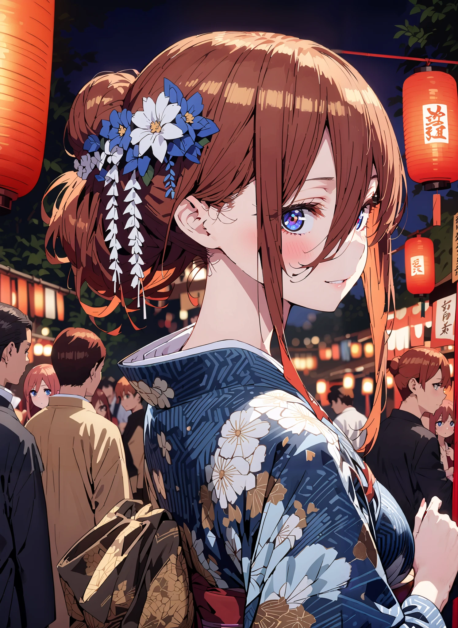 Miku Nakano, solo,Nakano Future,bungs, blue eyes, brown hair,wide hair between eyes,side lock,Nape,single bun hair,flower hair ornament,Big Breasts,smile,cover,open your mouth,Floral blue kimono,is standing,Red Lantern,Japanese stalls ,Light up fireworks,night,full bodyがillustrationsに入るように,break outdoors, Japanese festival,
break looking at viewer,full body,
break (masterpiece:1.2), Highest quality, high resolution, Unity 8k 壁紙, (illustrations:0.8), (beautiful detailed eyes:1.6), very detailed face, so that it fits into the illustration, extremely detailed CG, (perfect hand, perfect anatomy),