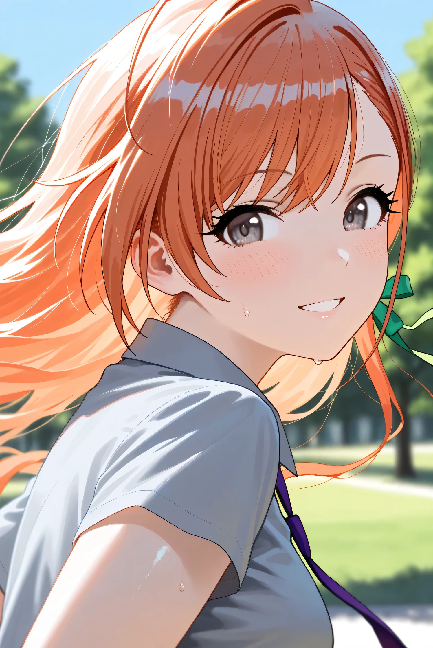 (Masterpiece), (Highest quality), (Very detailed),
(The best shape), (Best Shadow), (Absurd),
(Detailed background), (So beautiful), Shiny ,
Extraordinary, Countershading, 8k, 32K, High resolution, Beautiful eyes in every detail,
Very Detailed CG, UHD,
Score_9, Score_8_up, Score_7_up, Source_anime,
(Pastel painting:1.2), (Watercolor painting:1.2),
(Masterpiece, Detailed:1.2), (Foreshortening:1.2),
Cinematic, Dramatic, (Depth of field:1.4),
(Blurry background:1.4), (Realistic background:1.4),
(Foreshortening:1.3),Dynamic angle, Dynamic pose,
Outdoor, Summer, Nature, Park, Wind, blue sky,
Arisugawa Natsuha,
the idolmaster shiny colors,
natsuhaarisugawa, 1girl, solo, orange hair, long hair, ahoge, swept bangs, black eyes, busty, hair ribbon,
green ribbon,
(casual wear:1.3),
formal shirt, gray shirt, (Short-sleeved shirt:1.1),
tie, purple tie,
Wear a scrunchie on her left wrist, purple scrunchie,
(Portrait:1.2), Upper body, (Focus on face:1.3),
(Close up shot:1.3),
(Blush:1.3), sweat, smile, happy, looking back,
Realistic skin, Shiny skin,
feet out of frame,