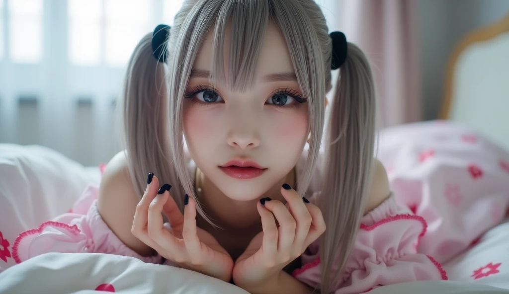 8K, RAW Photos, Fujifilm, Beautiful 20 year old woman style photo, (((Gray Hair:1.3,美しいGray Hairのストレートヘアー、シルキーなGray Hair)))、(((Sexy Costumes :1.5,))) Gold earrings, (Highly detailed skin: 1.2), Light medium brown hair, Film Grain, 35mm, Cute Style、Open your mouth、(((1 on all fours.5)))、Selfie with smartphone