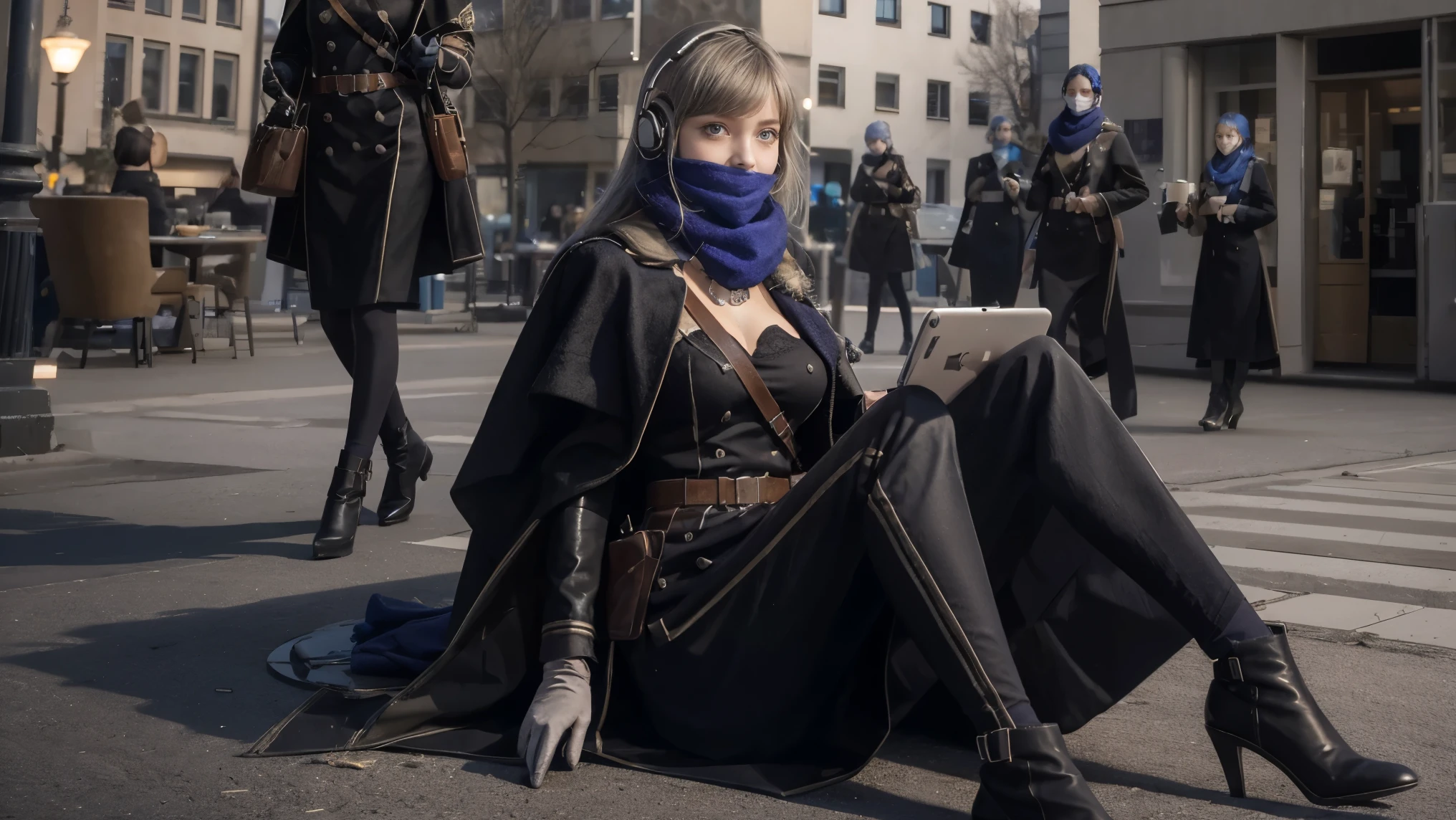 masterpiece, best quality, 1girl, solo, Bkornblume, headphones, solo, blue scarf, latex coat, pussy, observing, interrogation, black dress, black gloves, grey hair, holster gun, black coat dress, long sleeves, gloves, blushing, cafe, smile, full body, information, german girl, boots, sitting, opened breasts, die stasi spy, cafe background, pantyhose, heels, holsters, coat buttons, knee, ((Berlin Street background)), misty background, Germany stasi, breasts, blue stocking, bkornblume, using cellphone telephone, buildinggs stasi, indoor, giving information intelligence, confidential document papers, (((face close-up)), (blue neck blue mask), intelligence stasi spy