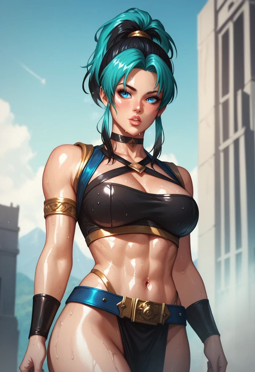 ultra high res,8k,(Photorealsitic:1.4), (beast-like animal wear:1.2), designed by Hajime Katoki,heavy weapons,vivid textures,animal legs, (blue hair), japanese female soldier,(ultra beautiful face),((super realistic all textures)), ((super intricate all details)), full body shot, ultra sharp photo result, Acrylic Clear Cover, Hydraulic cylinder, style, taken with Fuji film X-T30+Nokton. HDR10,Minimum of 4 pieces created,(masterpiece, highest quality, Realistic, High resolution, photograph, :1.3), Sharp focus, beautiful Femail warrior, perfect beautiful face, long blonde hair, voluptuous body, Abs, muscle, bikini armor, loincloth, standing pose, in dark forest, ((whole body shot)),a woman in a black and gold outfit standing in a stadium, fighting game character, character from king of fighters, heavy gesture style closeup, iconic character splash art, alexstrasza, brigitte from overwatch, fierce expression 4k, lovely brigitte from overwatch, brigitte, strong and imposing, barbara hammer 4 k, cushart krenz key art feminine,8K, 4k, highest quality, High resolution: 1.2), (masterful, realistic, Photoreal: 1.4), 1 woman, Older sister's atmosphere、beautiful face, she has a bright smile、Shining Lipin Eyes, beholder, Fair skin, white skin: 1.5), Fine complexion, big, big, Marron-colored hair、headband bangs, , young, s asack-view、big ass、super breasts、H cup、lower hair、Rear view、exposed nipples、T-back that digs into your butt、thong lingerie、wear a white thong、white langerie、emphasize the buttocks、white collar calvin klein thong、cute long hairstyle、Leg covers、wear high heel boots、A woman standing in front of a giant robot、There&#39;s a giant robot standing in the background、giant mech pilot、