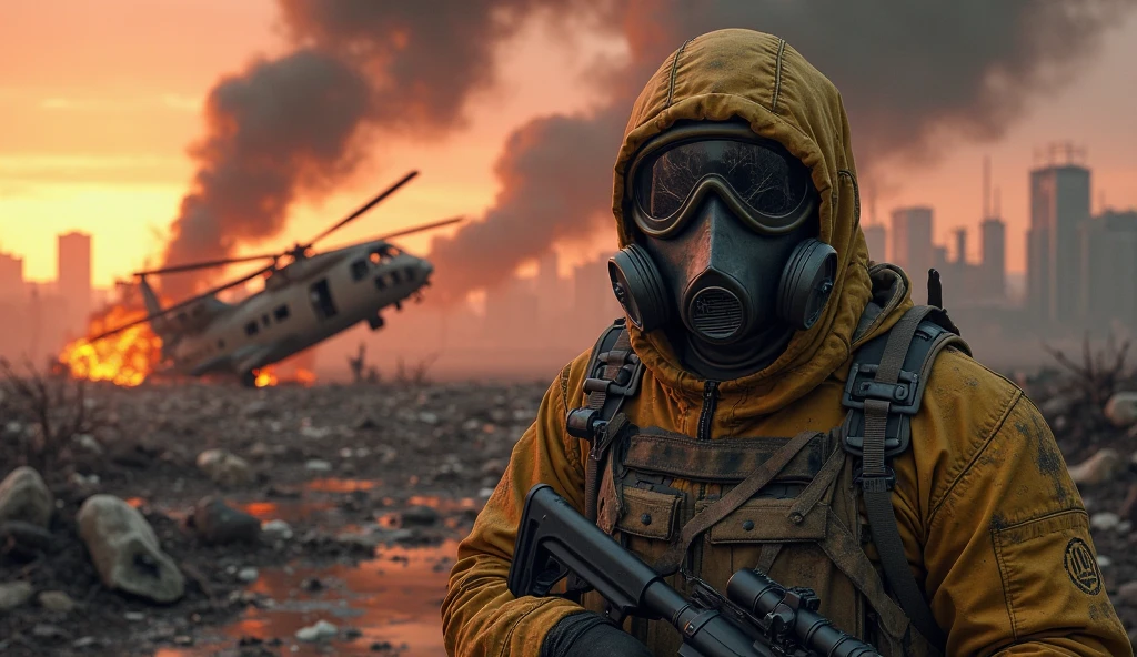 post-apocalypse, vagabunda, mulher, Gas mask, survival gear, smooth lighting, explosion at a distance, seios grandes