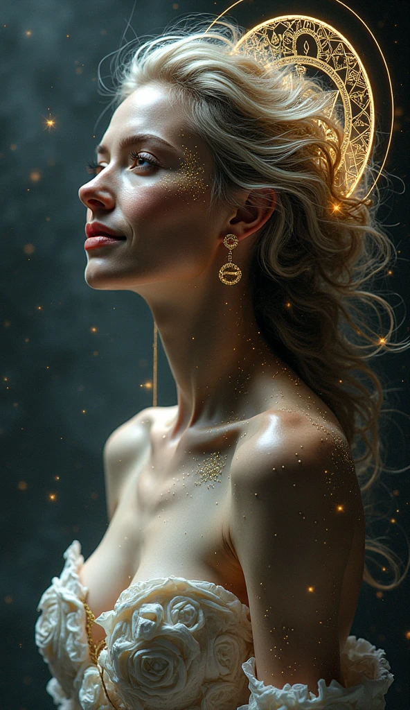 Create a stunning portrait of an ethereal young woman surrounded by a mesmerizing display of magical elements. The woman should have delicate features, with luminous skin that seems to glow from within. Her eyes should sparkle with an otherworldly light, reflecting the magic around her. Her hair should flow gracefully, perhaps with subtle magical highlights or a soft shimmer. Encompassing the woman, create a breathtaking aura of fantastical sparkles and magical dust. These elements should vary in size and intensity, from tiny glimmering specks to larger, more prominent magical particles. The sparkles should have a range of colors, predominantly soft golds, silvers, and iridescent hues that complement the overall color scheme. Integrate floating, gradient atmospheric particles throughout the image. These should be well-illuminated, creating a sense of depth and dimension. The particles could range from soft, misty orbs to more defined, geometric shapes, all contributing to the magical atmosphere. Use a variety of colors for these particles, ensuring they blend harmoniously with the sparkles and the overall composition. The lighting should be soft yet dramatic, with key light sources that highlight the woman's features and the magical elements around her. Consider incorporating rim lighting to create a magical glow around her silhouette. The overall illumination should enhance the fantastical nature of the scene, perhaps with gentle light rays or a soft, ethereal glow permeating the entire image. Ensure the image has high saturation to bring out the vibrancy of the magical elements and the woman's features. The contrast should be well-balanced, creating depth and dimension without overpowering the softer, magical elements. This will help to make the sparkles and particles stand out against the background while still maintaining a cohesive and enchanting overall look. The background should be subtle yet mystical, perhaps featuring a soft gradient or a blurred magical l
