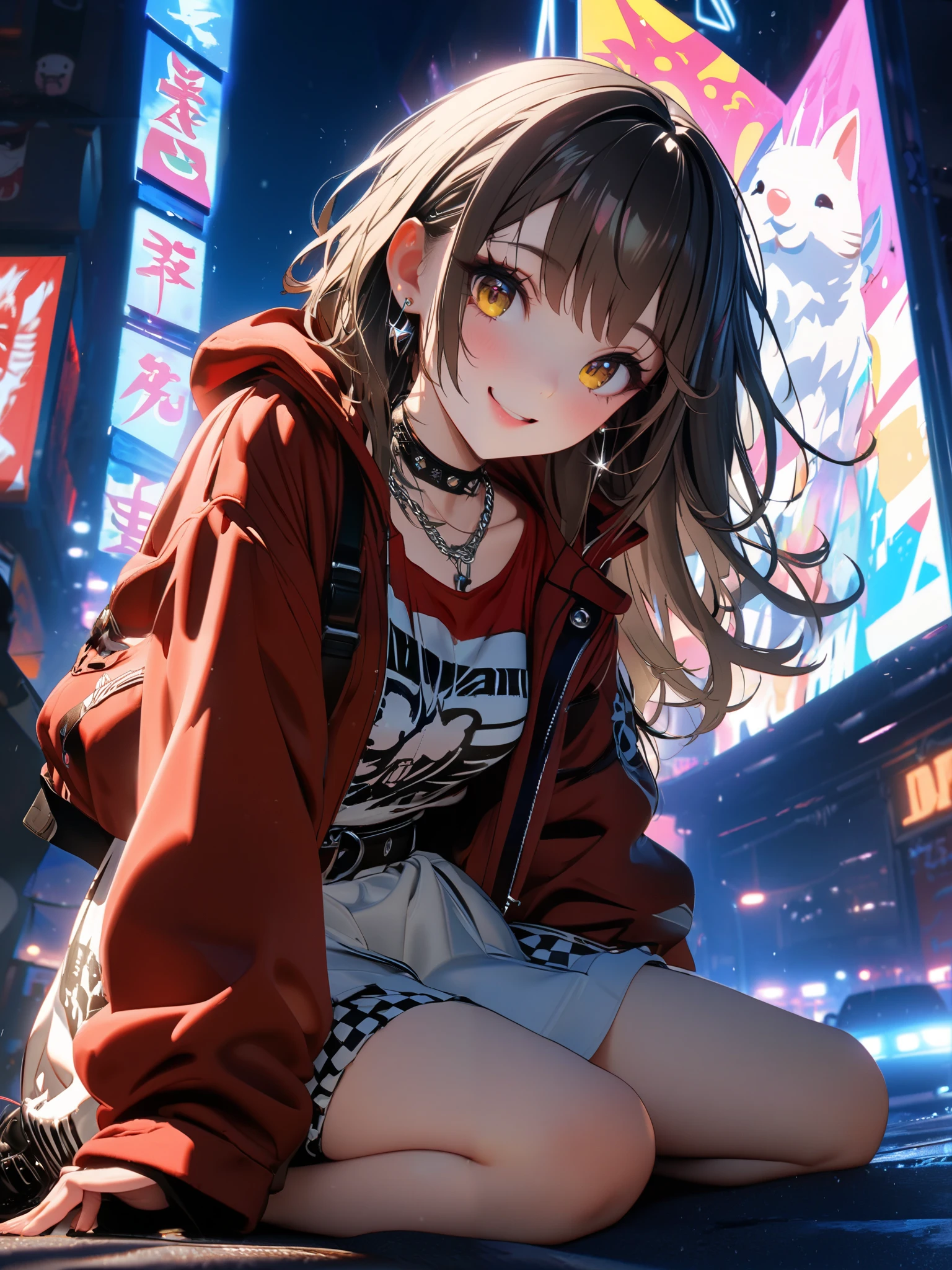 Anime girl sitting on the ground in front of a neon city - SeaArt AI