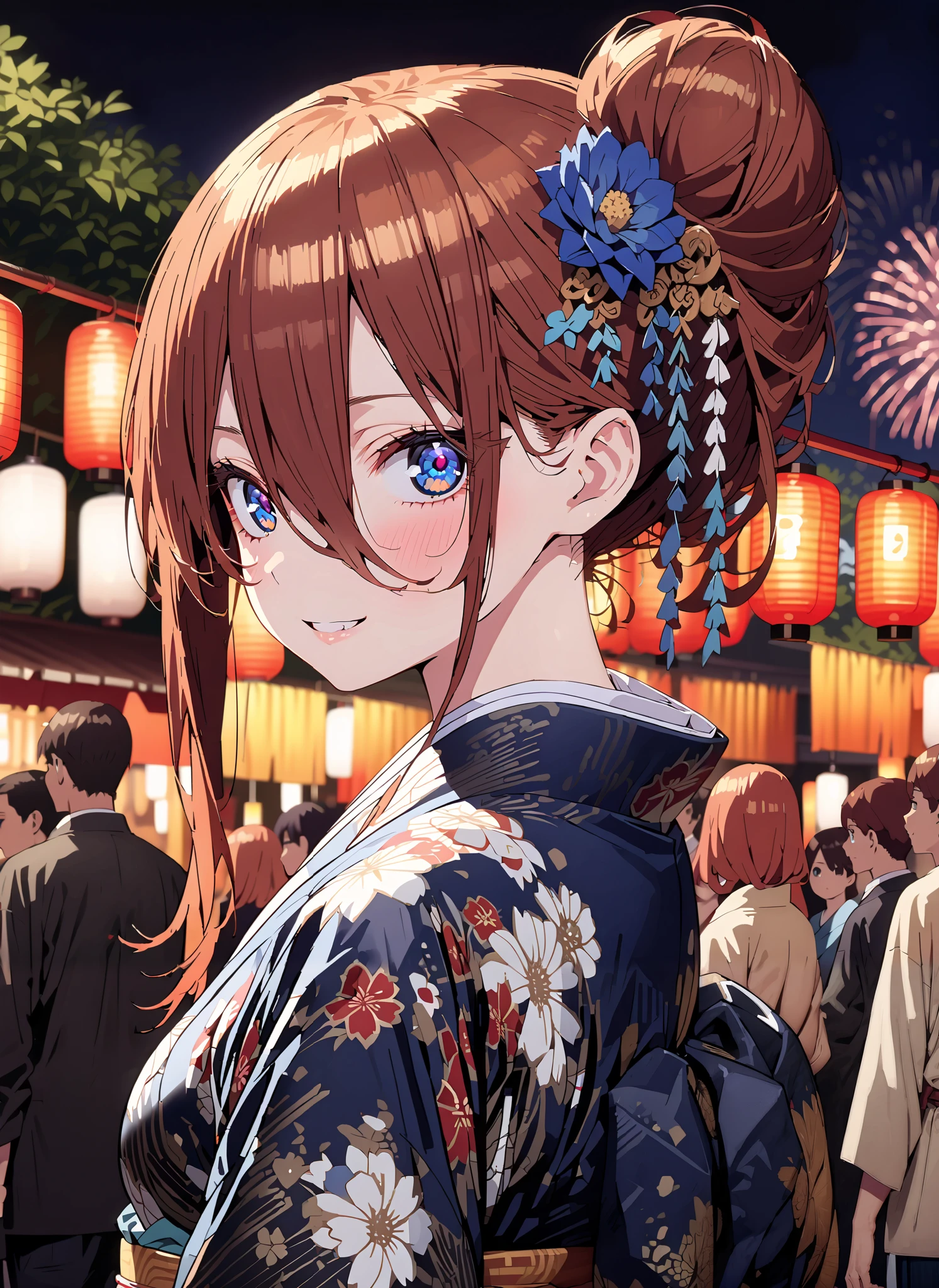 Miku Nakano, solo,Nakano Future,bungs, blue eyes, brown hair,wide hair between eyes,side lock,Nape,single bun hair,flower hair ornament,Big Breasts,smile,cover,open your mouth,Floral blue kimono,is standing,Red Lantern,Japanese stalls ,Light up fireworks,night,full bodyがillustrationsに入るように,break outdoors, Japanese festival,
break looking at viewer,full body,
break (masterpiece:1.2), Highest quality, high resolution, Unity 8k 壁紙, (illustrations:0.8), (beautiful detailed eyes:1.6), very detailed face, so that it fits into the illustration, extremely detailed CG, (perfect hand, perfect anatomy),