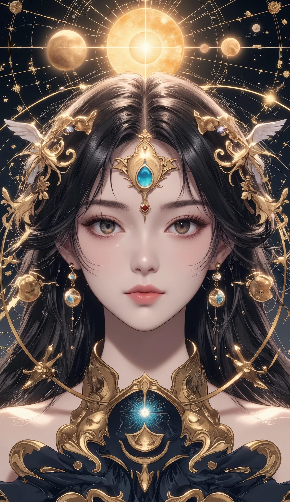 masterpiece, Best Quality, ultra resolution, perfect anatomy, one woman、detailed face、Women's hair is popular、Venus, Mercury, and the Sun are arranged in a well-balanced manner in the background、An abstract azimuth line is visible、Mysterious Light、kaleidoscope style、dramatic、dynamic、absurd、metaphysics