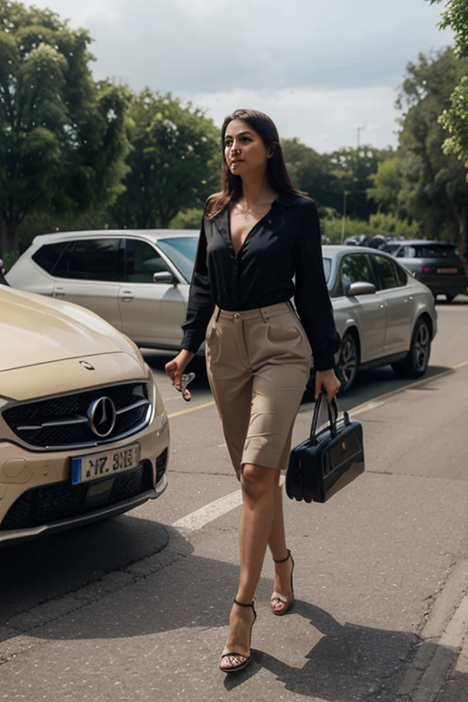 Illustrate a thrilling heist scene where the Malay woman wears a sophisticated ensemble inspired by 'The Italian Job,' pastel orange outfit exuding confidence as she plans the perfect caper, Super 8mm lense, Low angle shot, bright color grading, depth of field cinematography, western film style, high quality, ultra detail, 8k resolution