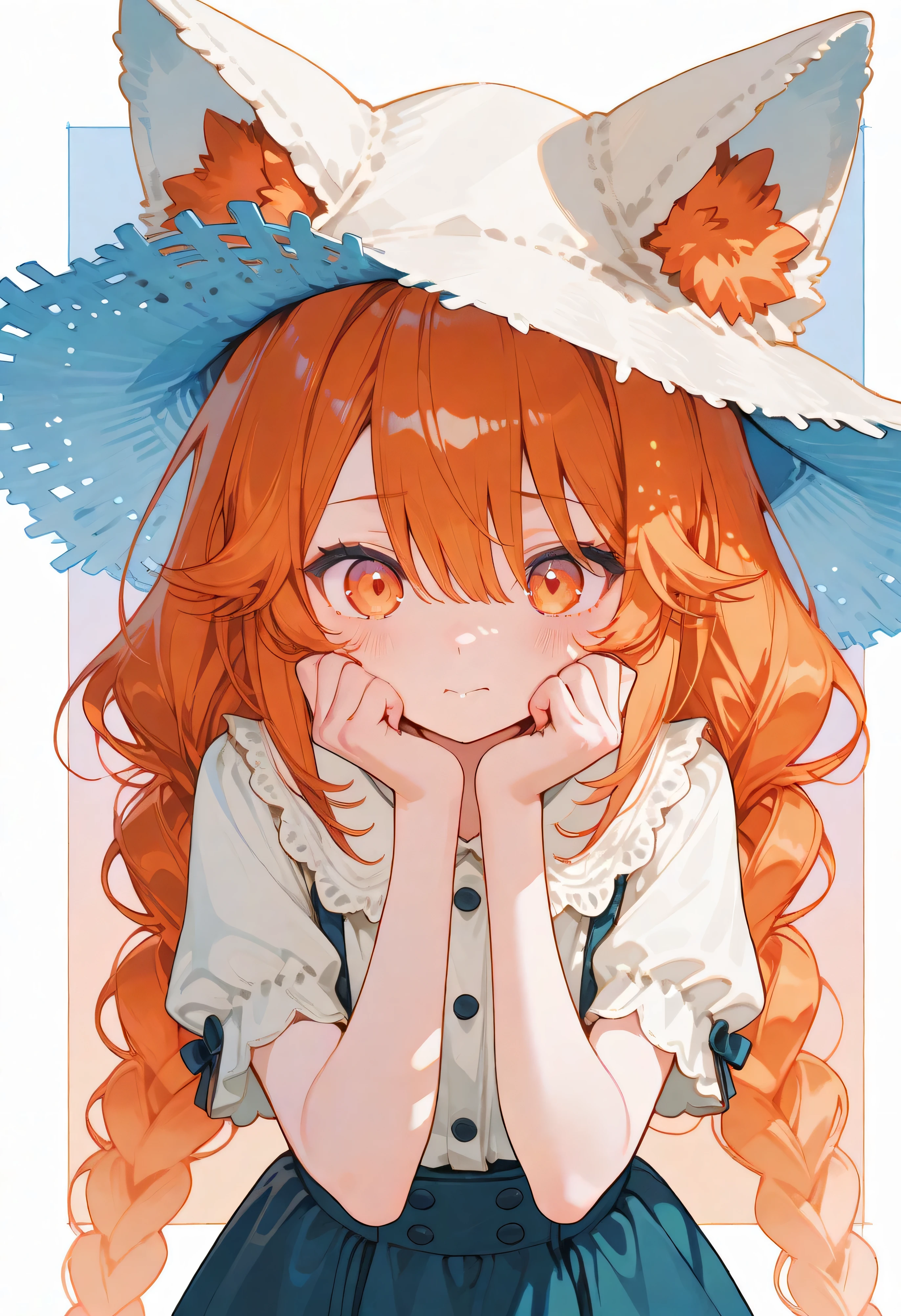 "A stylized digital anime illustration of a young female character in profile view. She wears a fluffy orange fox-eared hat with fur trim and two long braided strands hanging down. The hat has small decorative elements like patches and buttons. Her pinkish hair peeks out from beneath the hat, framing her face. She has a calm yet determined expression, . She wears a casual short-sleeved shirt with a minimalist design. The color palette is warm, with soft pastel tones and clean, expressive linework. The background is simple and uncluttered."