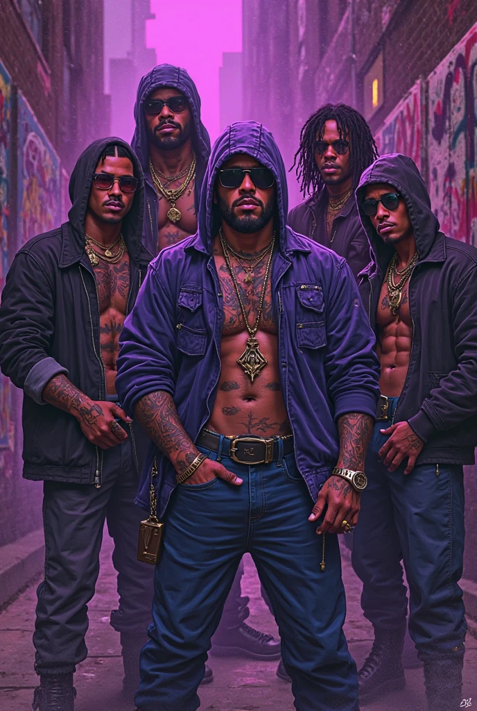 ultra-realistic photography of four beautiful black women (wearing micro-bikinis) standing surrounded by three men (wearing shorts and underwear) admiring them, (cyberpunk tattoos, sensual poses). high detail, 8K, Dolby Vision, Raytracing, fine details, ultra-detailed, Canon EOS 7, RAW.