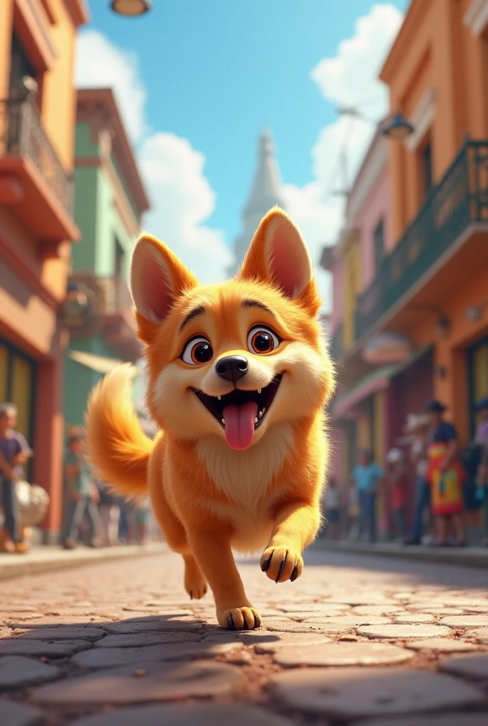 Create an animated image showing the dog Laika wandering around the street 
