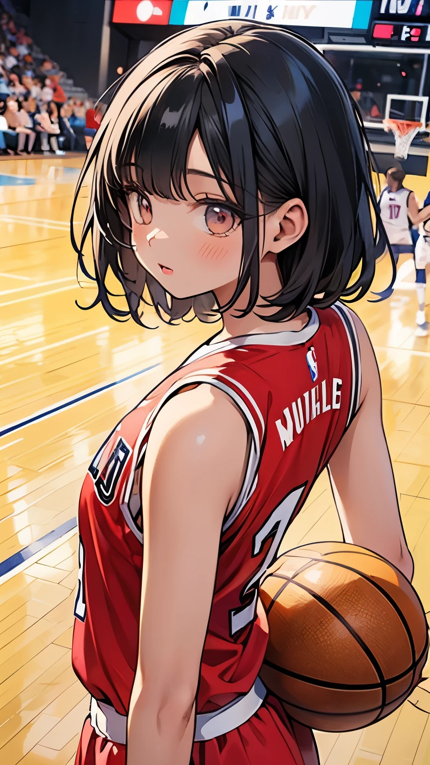 NBA basketball, girl,fitted bulls jersey,Shiny,basketball court background