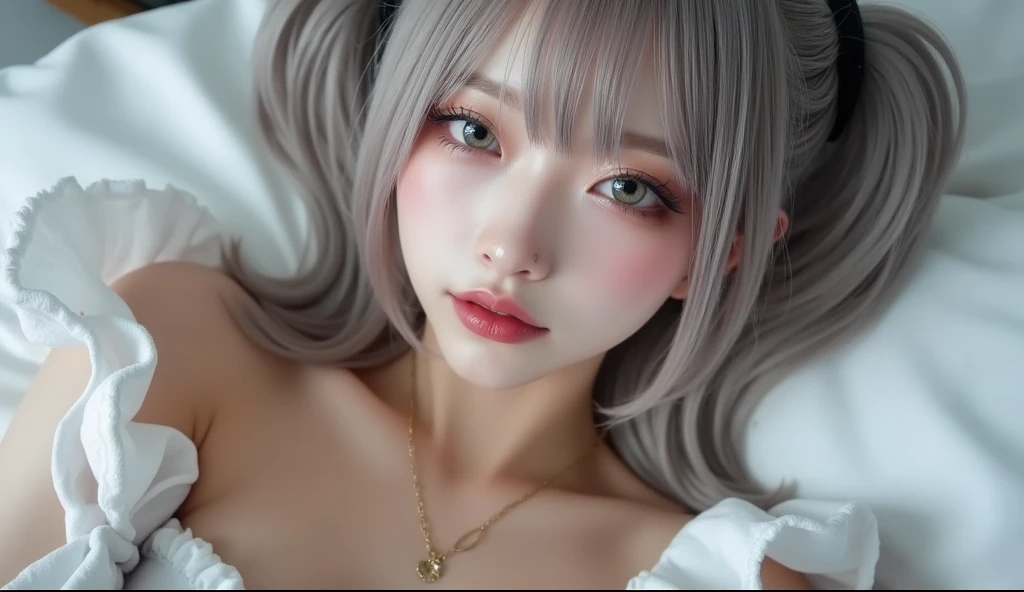 8K, RAW Photos, Fujifilm, Beautiful 20 year old woman style photo, (((Gray Hair:1.3,Beautiful straight gray hair、Silky Gray Hair)))、nurse:1.5, Nurse&#39;s outfit、pink,  White gloves,Gold earrings, (Highly detailed skin: 1.2), Light medium brown hair, Film Grain, 35mm, Cute Style、On the bed、Hospital room、erotic