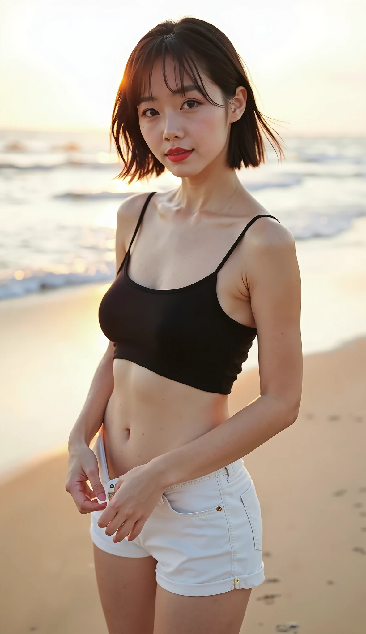 "a Japanese woman, beautiful, bulging eye, showing navel, flat face expression, busty, wearing a black cropped top, white short pants, with soft short  Layered Hair style, stand in side of beach, in the late afternoon as the sun sets."