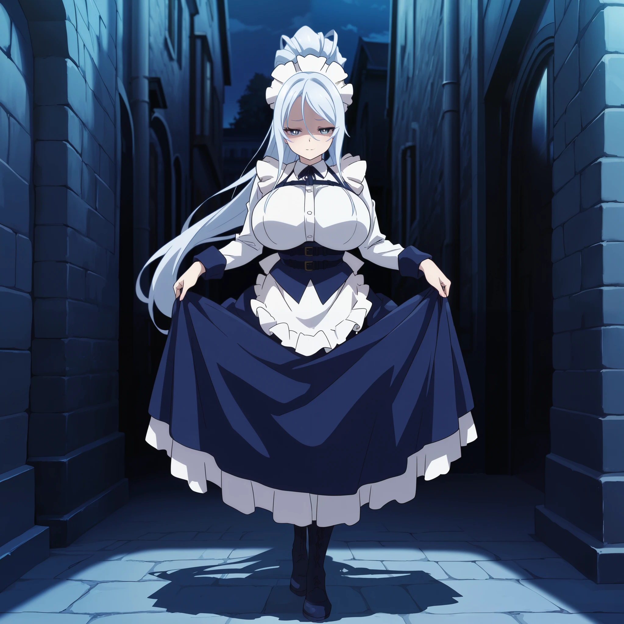 sylpha_langlis, 1girl, seductive smile, solo, maid headdress, blue eyes, blue hair, long hair, ponytail, looking at viewer,huge breasts, maid, shirt, light blue hair, dark alleyway background, night, (masterpiece),(best quality),(ultra-detailed),(best illustration),(best shadow),(absurdres),(detailed background),(very aesthetic),full body,looking down,bright pupils, breast focus:1.8, shaded face,lifting skirt, disgust,
