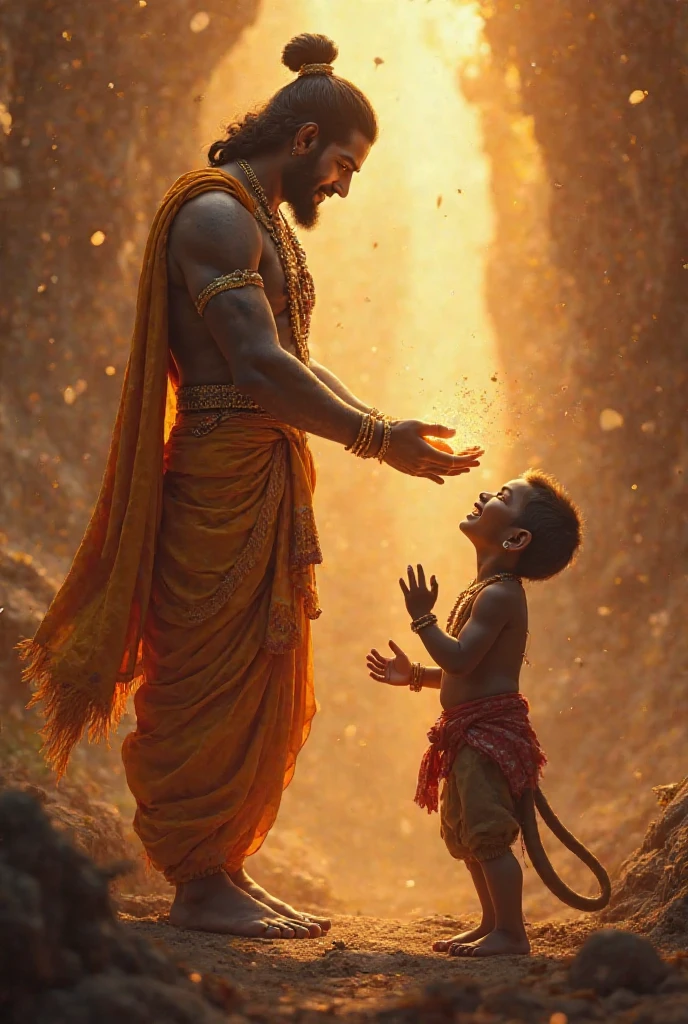create a high quality  image, in which lord hanuman is holding hand of a  boy, the boy is wearing casual dress with his name ‘CHANDSN’ written boldly on his top, the boy is watching towards lord hanuman with little smile, both are standing, the background is of interior of a forest  and  mountain the environment is gorgeous.