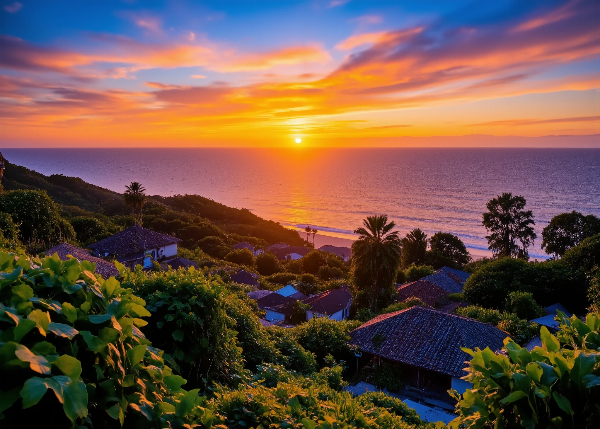    in high-definition images、Malaysian Tropical Scenery with Houses、Borneo、ocean sunset seen from {x} island、 Sunset over the horizon 、Quiet evening、Sky Changing from Orange to Blue、Orange Clouds、taken with a wide lens、real illustrations、4K high definition digital art 、4K detailed digital art、Natural Scenery 、 background artwork、 Amazing 4K Art