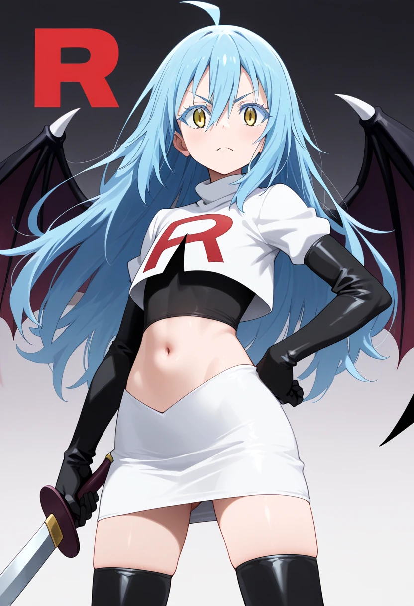 Default, RegensburgOutfit, 1girl, solo, wings, looking at viewer, blush, bangs, parted lips, demon wings, team rocket,team rocket uniform,white skirt,red letter R,crop top,black thigh-highs,black elbow gloves