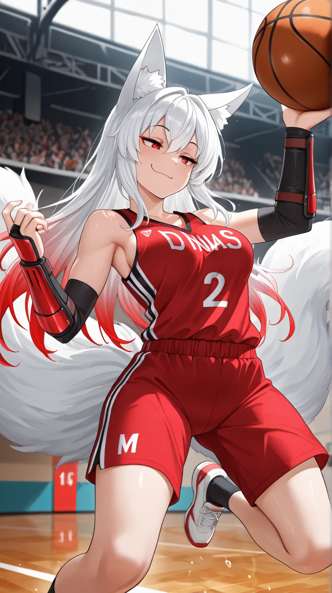 masterpiece,best quality, amazing quality,absurdres, 1girl, mature_female, aged up, Kitsu, white hair, long hair, gradient hair, red highlights, fox ears, red eyes, 2 fox tail, multiple tails, medium breasts, armguards, smug, dribbling basketball, basketball game, basketball court, basketball player, dynamic motion, athletic, sports uniform, movement effects, vibrant color palette, cores vivas
