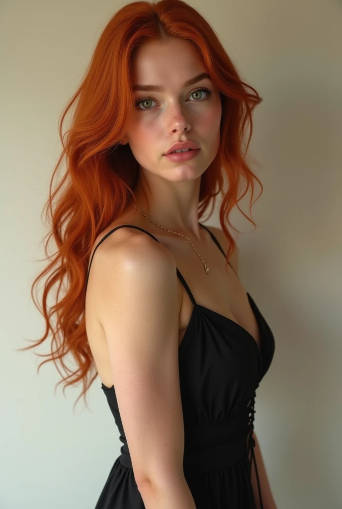 (Best Quality, 4K, 8K, Altaf, Masterpiece: 1.2, Ultra Detailed, Realistic, Photorealistic, Photorealistic: Photorealistic: 1.37, HDR, UHD.) Ugly teenager slightly fat, redhead with long curly hair, piercing blue eyes, huge breasts, selfie, behind teen on a white wall, wide neckline, image of a full body woman, cotton sundress Color Black