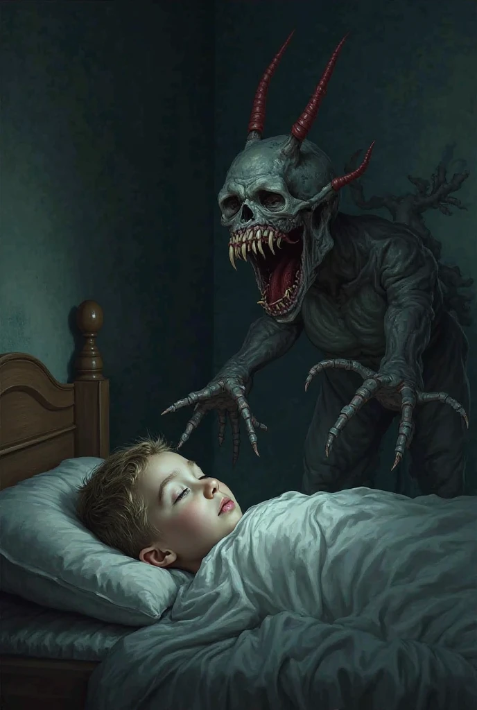 The creature was tall and pale-skinned, his arms were long enough to touch the floor, he had no face but had a mouth full of sharp teeth, he was in the corner of the room, ready to prey on the small child who was scared on his bed.