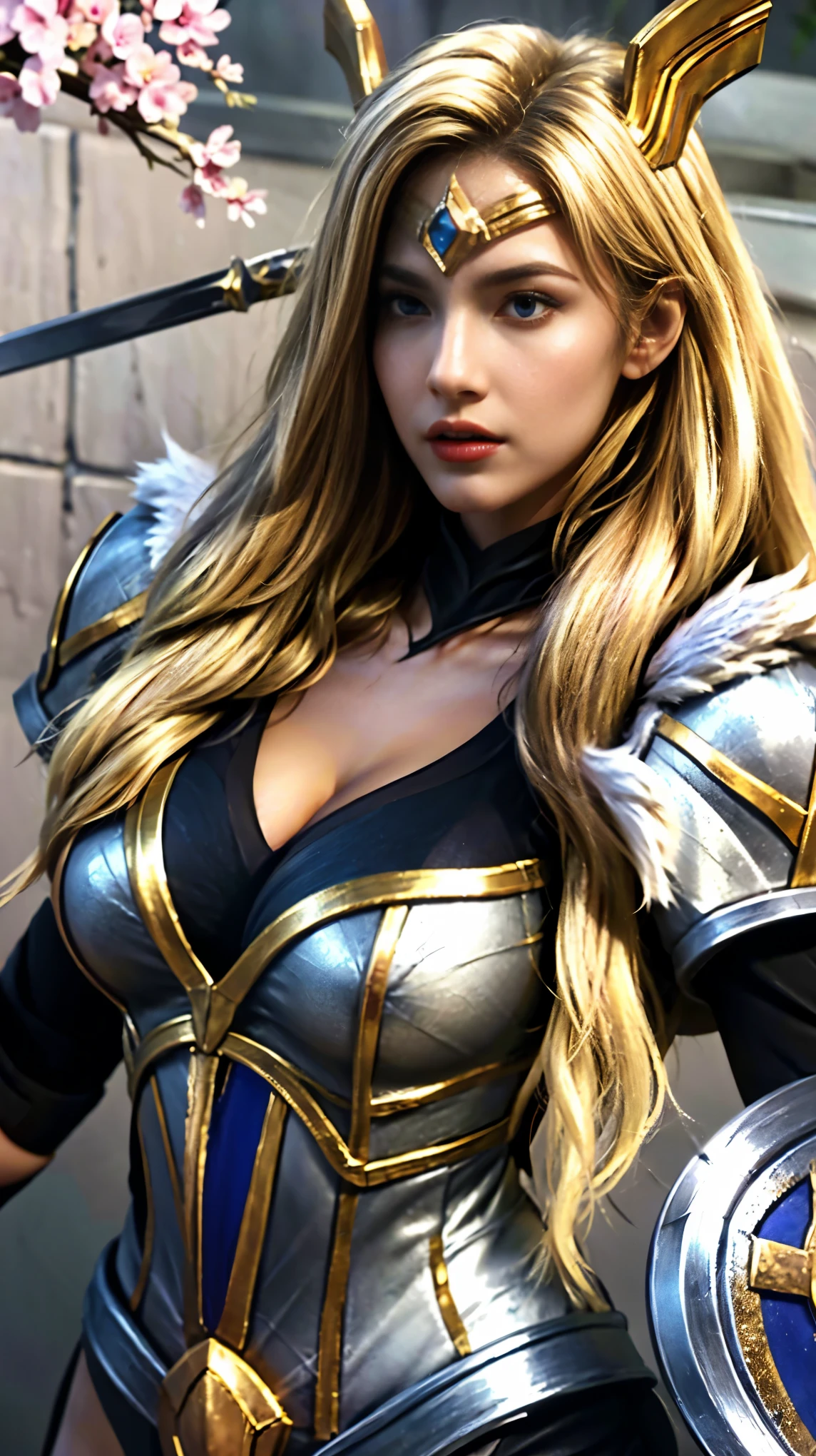 rn9_freya_mlbb, shoulder armor, breastplate, blonde hair, cleavage, cinematic background, big breast, Thick breast, breast ball, Bring sword and Shield, getting ready pose, skin detail, breast skin detail, serious face, Full body, sexy lips, focus face, blue Eyes.