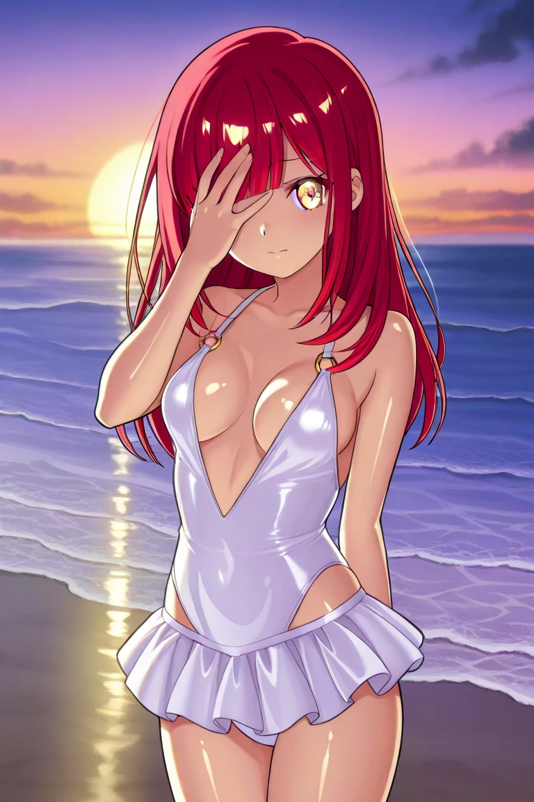 picture from behind, rias gremory, long hair, hair between eyes, (green eyes:1.3), red hair, masterpiece, best quality, highres, high_definition, long hair, a beach during sunset, sunset_scenery_background, 1girl, solo, rias in a sexy bridal outfit, white glove, sexy pose, blush, bangs, hair_between_eyes, green eyes, veil, medium breasts, very long hair, ponytail, arms behind body, picture until her knees, sexy,
