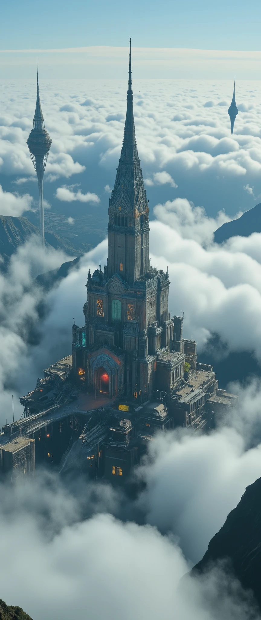 Otherworldly Space、Close to space、Asian Cities with Bridges Over Clouds、Lost City Pictures、picturesque background、Digital image of a temple、cyberpunk、The high resolution background is an ancient castle、A dreamy city above the clouds、Highly Detailed Digital Images、High Definition Digital Paint、Detailed Scenery 、Sky Cities。