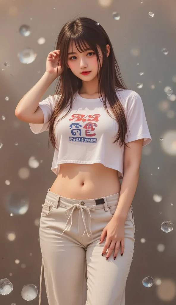 Realistic photos of (1 cute Korean star) medium hair, smile, medium breasts ,wearing white crop top, short pants, cute pose, at the pizza shop front, upper body, UHD, full body photography, (ultra detaied, best quality, high res) , (middle long hair), 