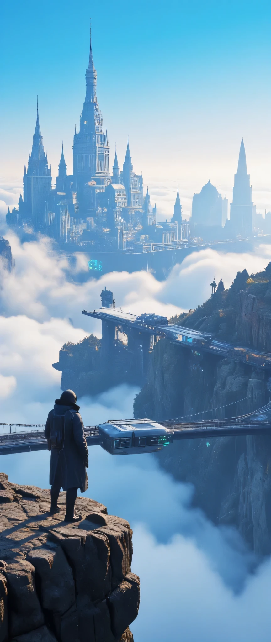Otherworldly Space、Close to space、Asian Cities with Bridges Over Clouds、Lost City Pictures、picturesque background、Digital image of a temple、cyberpunk、The high resolution background is an ancient castle、A dreamy city above the clouds、Highly Detailed Digital Images、High Definition Digital Paint、Detailed Scenery 、Sky Cities。