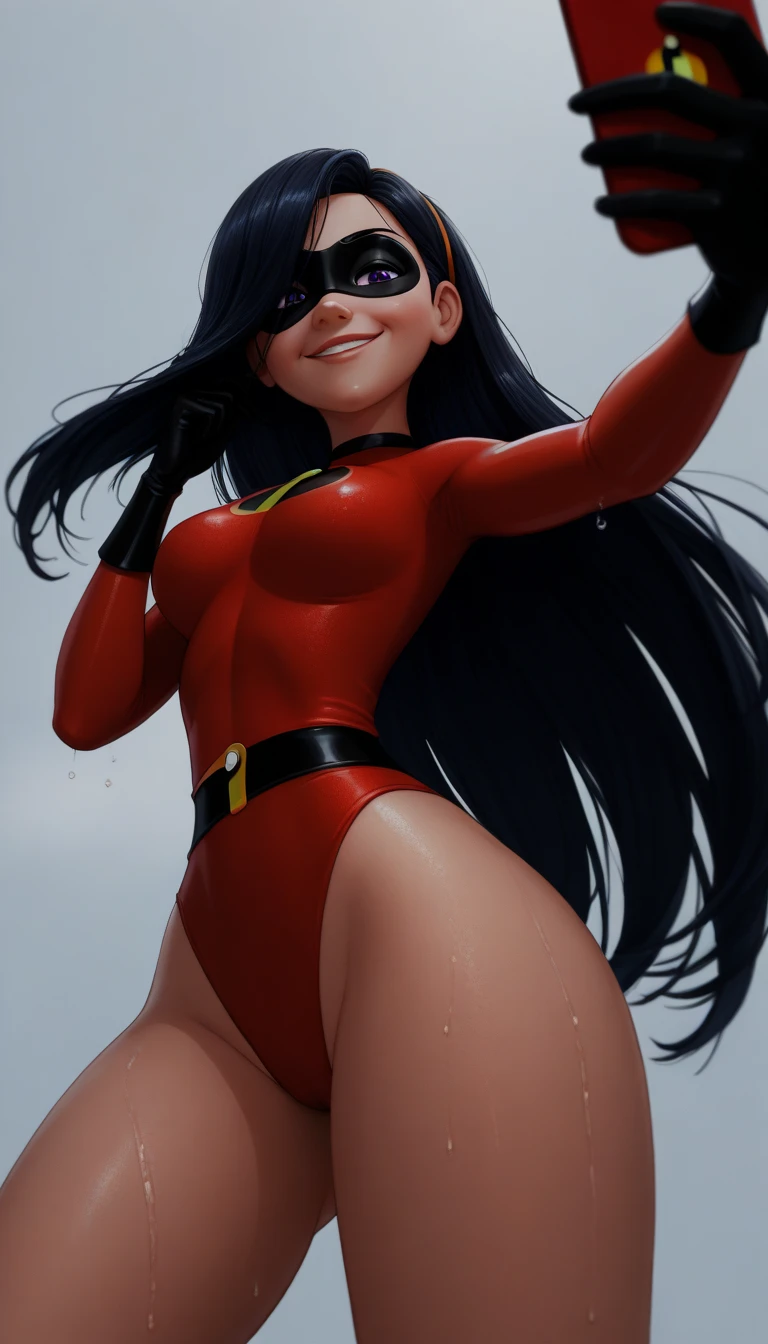 (full body),masterpiece, Highest quality, One Girl, purple, Long Hair, Black Hair,  Blue eyes，Hair on one eye,  (Red Hero Suit)，Red bodysuit，black elbow gloves，Black thigh-high boots，Thick thighs，Place one hand on hip，upright，View your viewers, smile, Simple Background 