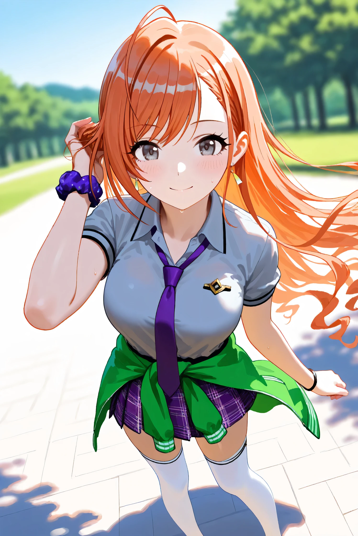 (Masterpiece), (Highest quality), (Very detailed), 
(The best shape), (Best Shadow), (Absurd), 
(Detailed background), (So beautiful), Shiny , 
Extraordinary, Countershading, 8k, 32K, High resolution, Beautiful eyes in every detail,
Very Detailed CG, UHD,

Score_9, Score_8_up, Score_7_up, Source_anime, 
(Pastel painting:1.2), (Watercolor painting:1.2),
(Masterpiece, Detailed:1.2), (Foreshortening:1.2),

Cinematic, Dramatic, (Depth of field:1.4),
(Blurry background:1.4), (Realistic background:1.4),
(Foreshortening:1.3),Dynamic angle, 1 girl,
Outdoor, Summer, Nature, Park, Wind,

Arisugawa Natsuha,
the idolmaster shiny colors,
natsuhaarisugawa, 1girl, solo, orange hair, long hair, ahoge, swept bangs, black eyes, busty, hair ribbon,
green ribbon,

(casual wear:1.3),
formal shirt, gray shirt, Short-sleeved shirt,
tie, purple tie, 
miniskirt, (purple miniskirt:1.2), Check pattern miniskirt,
(thigh-high socks:1.2), white socks,
Tie jacket around her waist, (Souvenir Jacket:1.1), green jacket, white sleeves jacket,
Wear a scrunchie on her left wrist, purple scrunchie,

Portrait, Focus on face,
(Blush:1.3), Smile, Happy, Sweat,
Realistic skin, Shiny skin,
Touching her hair,