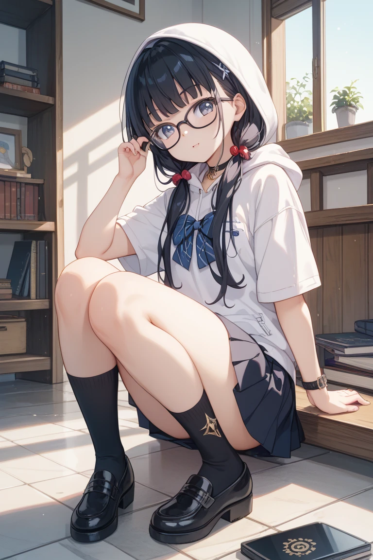 highest quality、masterpiece、High sensitivity、High resolution、Mature Woman、Skinny body、Glasses、squat