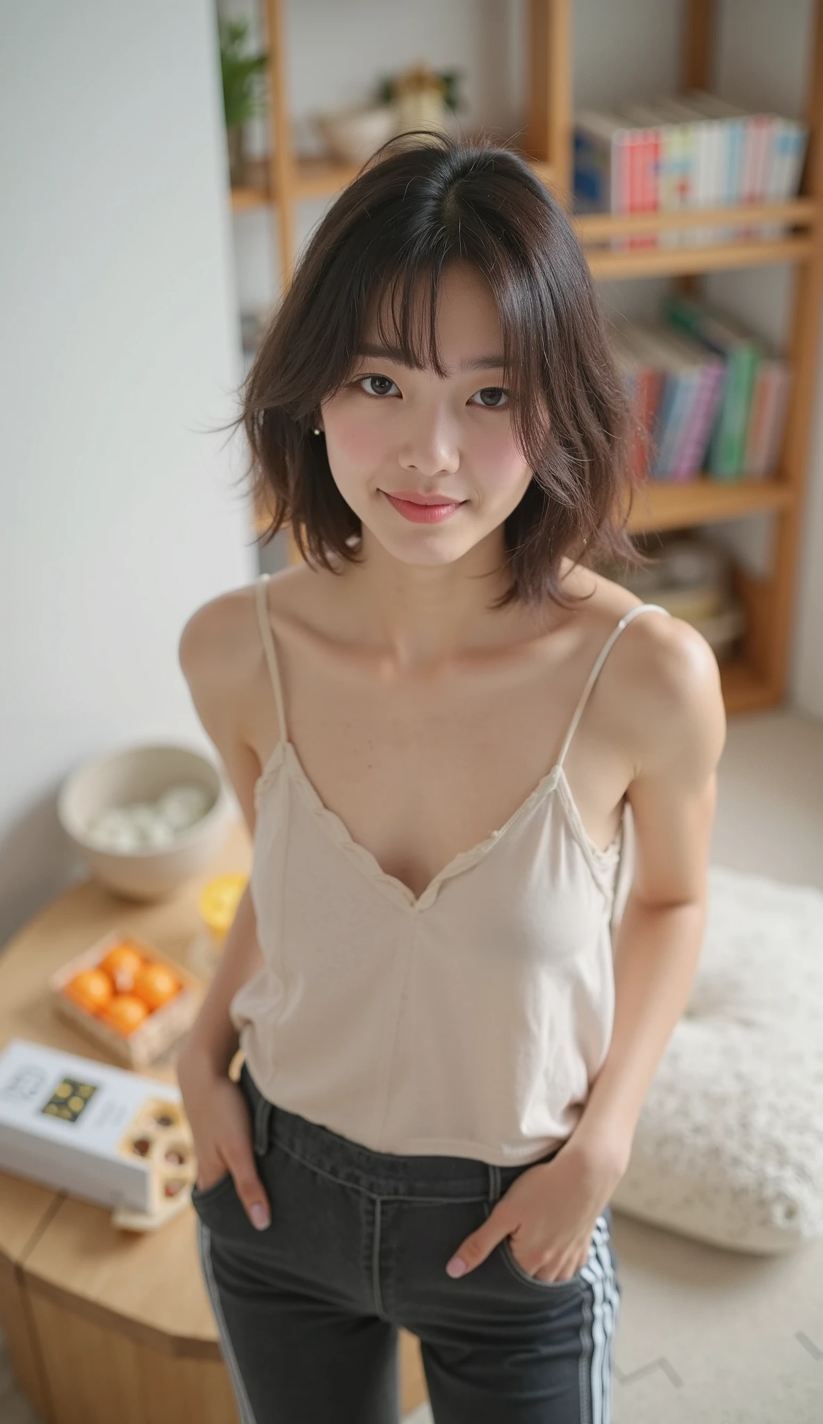 Highest quality, (beautiful)、Super delicate eyes、Brown eyes、22-year-old female、Brown Hair、smile、looking at the camera、Semi-short hair、Gal、camisole、Head to waist