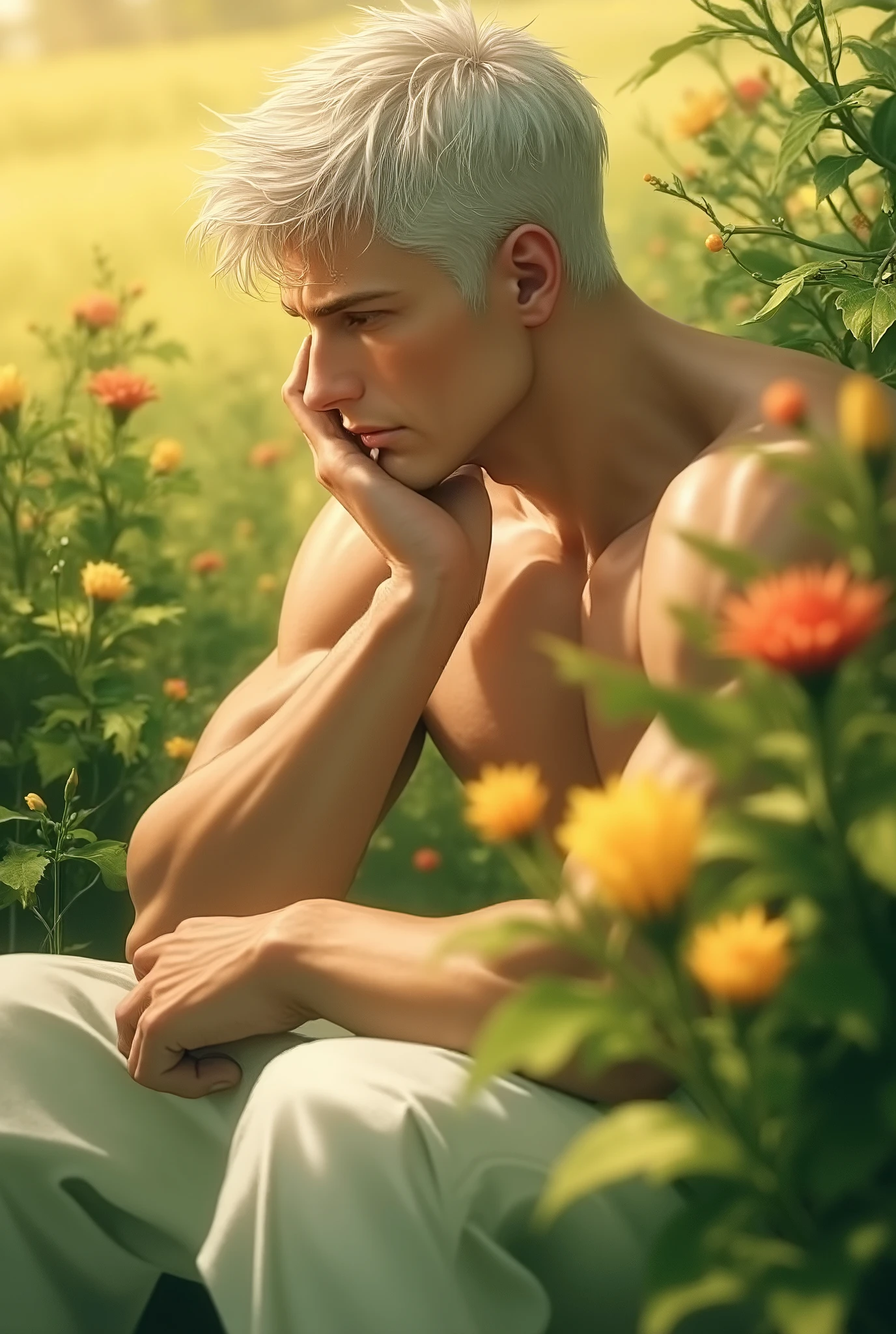 (masterpiece, best quality), 1 man with short white hair sitting in a field of green plants and flowers, his hand under his chin, warm lighting, white clothes, white pants, blurry foreground