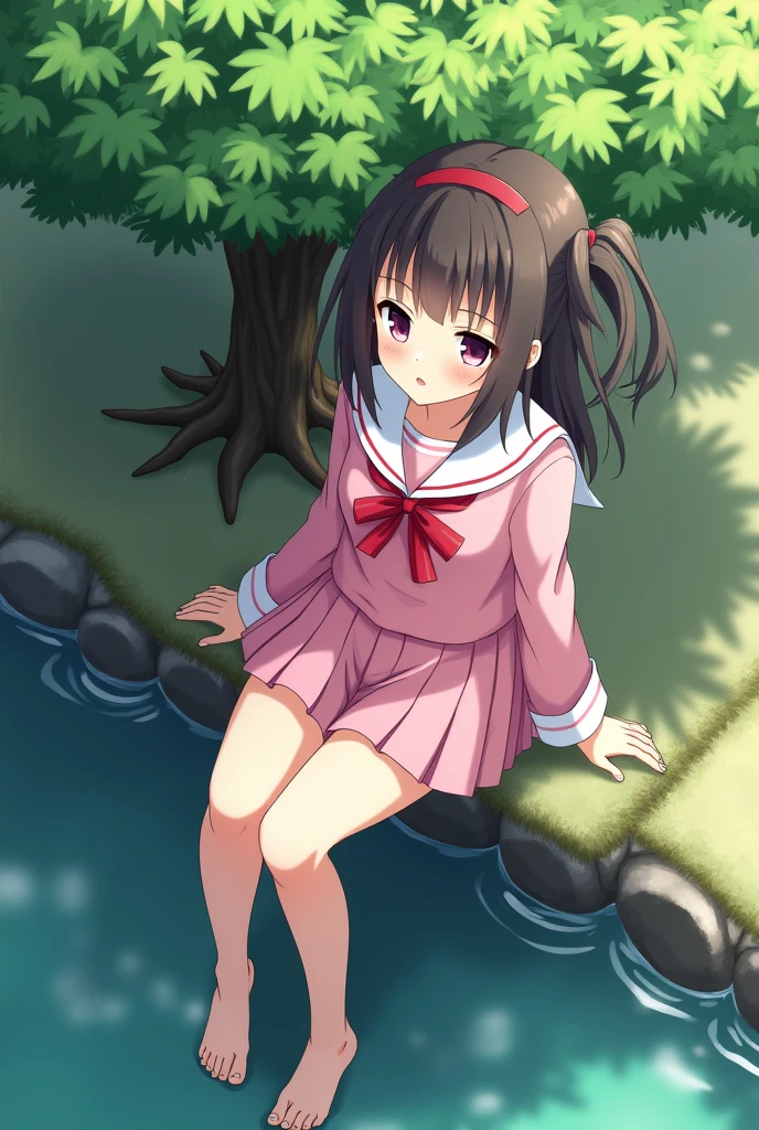 teens girl,Brown hair,Wearing hair ornaments,She is wearing a knee-length pink yukata.,Building shadow,crouching down,Omorashi,Pee,Futomo,natta,A small puddle at your feet,Wearing clogs,祭りのnatta,Emphasis on embarrassment,hiquality,Tachishoben,grassy,bare-legged