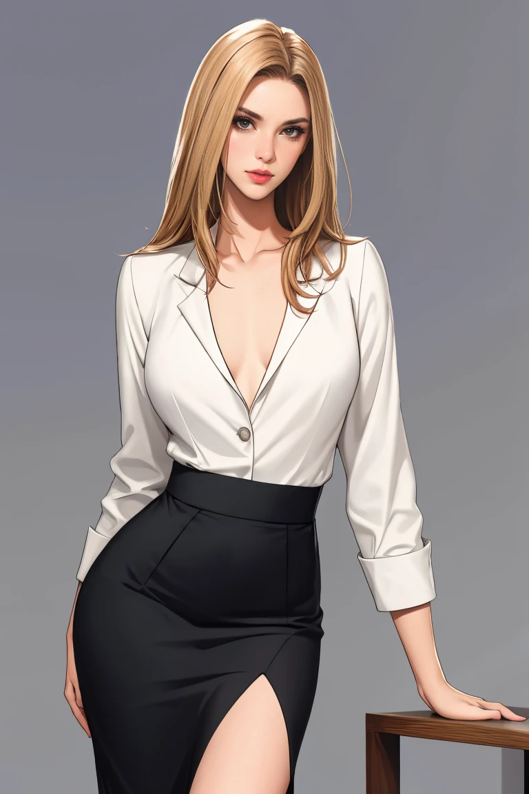 makeup, mascara, Lips are subdued or colors, simple black background, Minimalism, monotone, simple color palettes, Clean, sharp designs, flowing silhouettes, Tight skirts and pants, high-waisted skirts and pants, simple dresses, shirts and blouses, asymmetrical, geometric, Elegant and luxurious materials and designs, Simple, minimal accessories, Slim necklaces and rings in silver or gold, Simple bangles, Distinctive designs, simple silhouettes, simple and sophisticated style, elegance, minimalism, high quality materials, cool and urban impression, high fashion, simplicity and sophistication, solo, 1girl, big breasts, thick thighs, thin waist, sweaty breasts