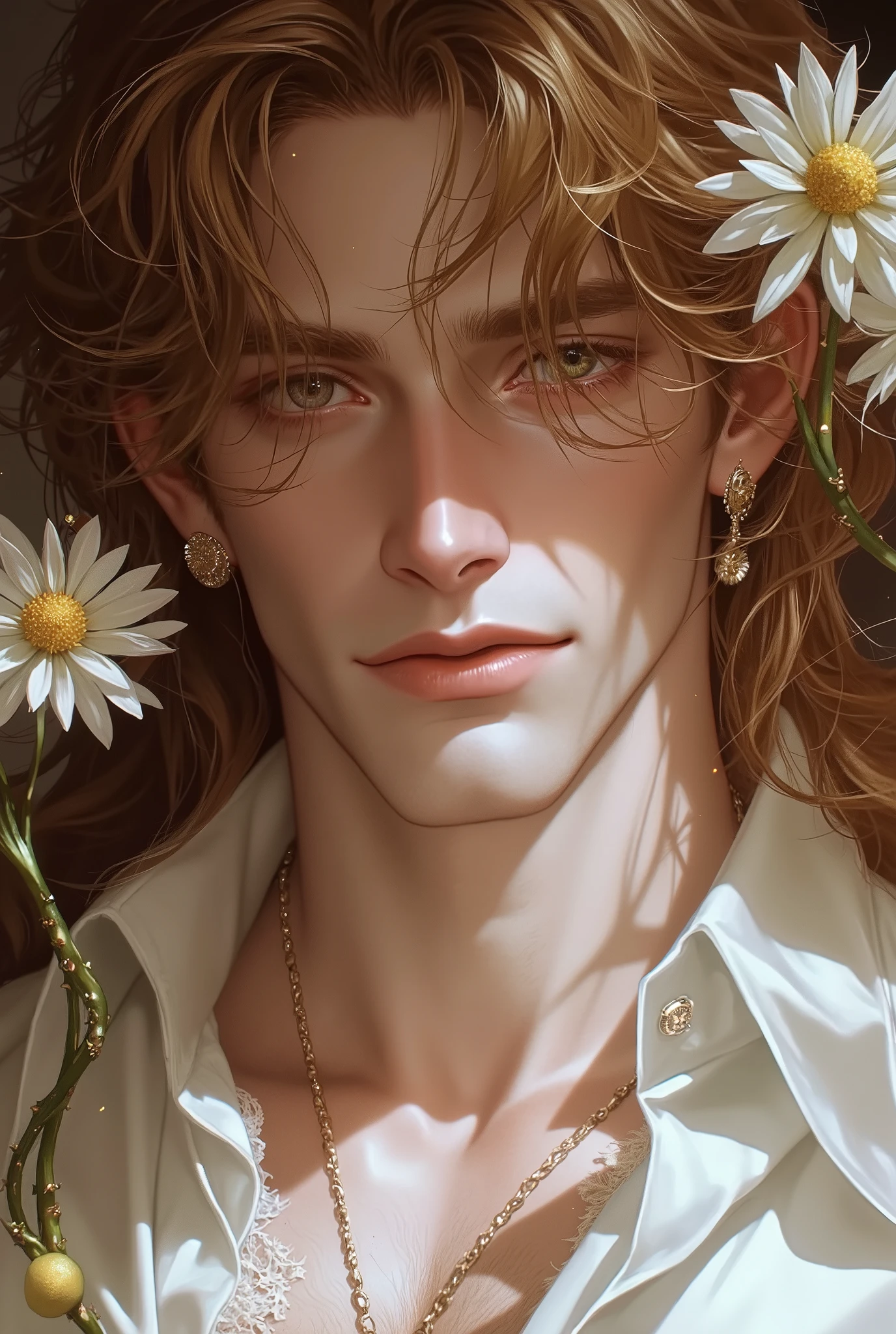 1 man, Realistic, master-piece, bestquality, Beautiful, detailed eyes and detailed faces.,natural light, Medieval Fantasy, European retro, White shirt, lace, Long dark golden hair, blue eyes, attractive, depressed, Decorative flowers, sunbeam