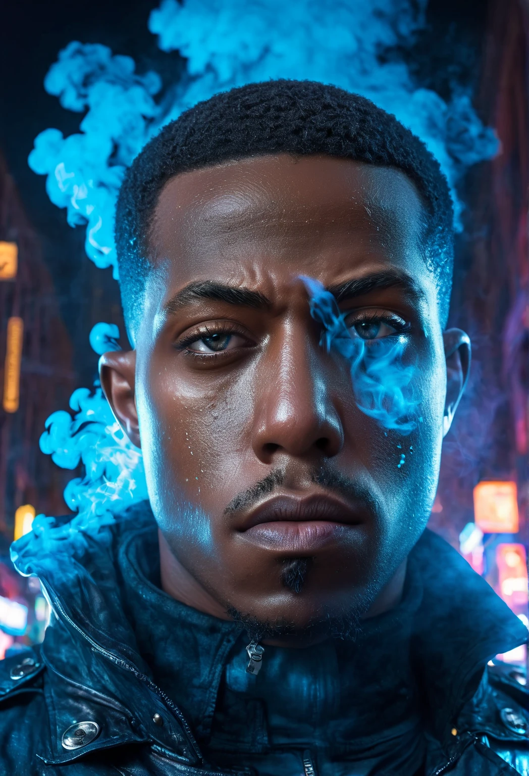 [midshot portrait] [24-28 Years Old black male fashion model] [dressed like a Ciberpunk style] [Happy expression on face][Photo taken in a mountainous and snowy landscape] [type of illumination: neon lighting], extremely realistic, 8k, insane details, intricate details, beautifully color graded,Color Grading, Editorial Photography, Photography, Bokeh, taken with a 60mm lens, ISO 300, f/4, 1/200th --ar 9:16