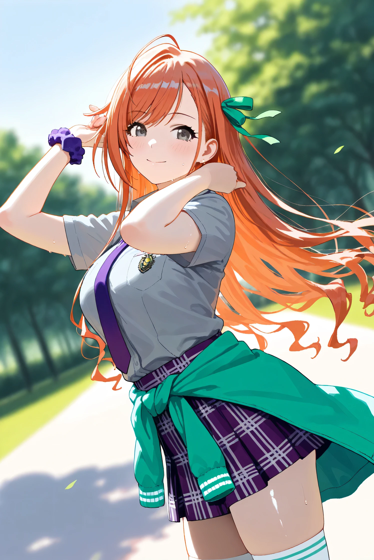 (Masterpiece), (Highest quality), (Very detailed),
(The best shape), (Best Shadow), (Absurd),
(Detailed background), (So beautiful), Shiny ,
Extraordinary, Countershading, 8k, 32K, High resolution, Beautiful eyes in every detail,
Very Detailed CG, UHD,
Score_9, Score_8_up, Score_7_up, Source_anime,
(Pastel painting:1.2), (Watercolor painting:1.2),
(Masterpiece, Detailed:1.2), (Foreshortening:1.2),
Cinematic, Dramatic, (Depth of field:1.4),
(Blurry background:1.4), (Realistic background:1.4),
(Foreshortening:1.3),Dynamic angle, 1 girl,
Outdoor, Summer, Nature, Park, Wind,
Arisugawa Natsuha,
the idolmaster shiny colors,
natsuhaarisugawa, 1girl, solo, orange hair, long hair, ahoge, swept bangs, black eyes, busty, hair ribbon,
green ribbon,
(casual wear:1.3),
formal shirt, gray shirt, Short-sleeved shirt,
tie, purple tie,
miniskirt, (purple miniskirt:1.2), Check pattern miniskirt,
(thigh-high socks:1.2), white socks,
Tie jacket around her waist, (Souvenir Jacket:1.1), green jacket, white sleeves jacket,
Wear a scrunchie on her left wrist, purple scrunchie,
Portrait, Focus on face,
(Blush:1.3), Smile, Happy, Sweat,
Realistic skin, Shiny skin,
Touching her hair,