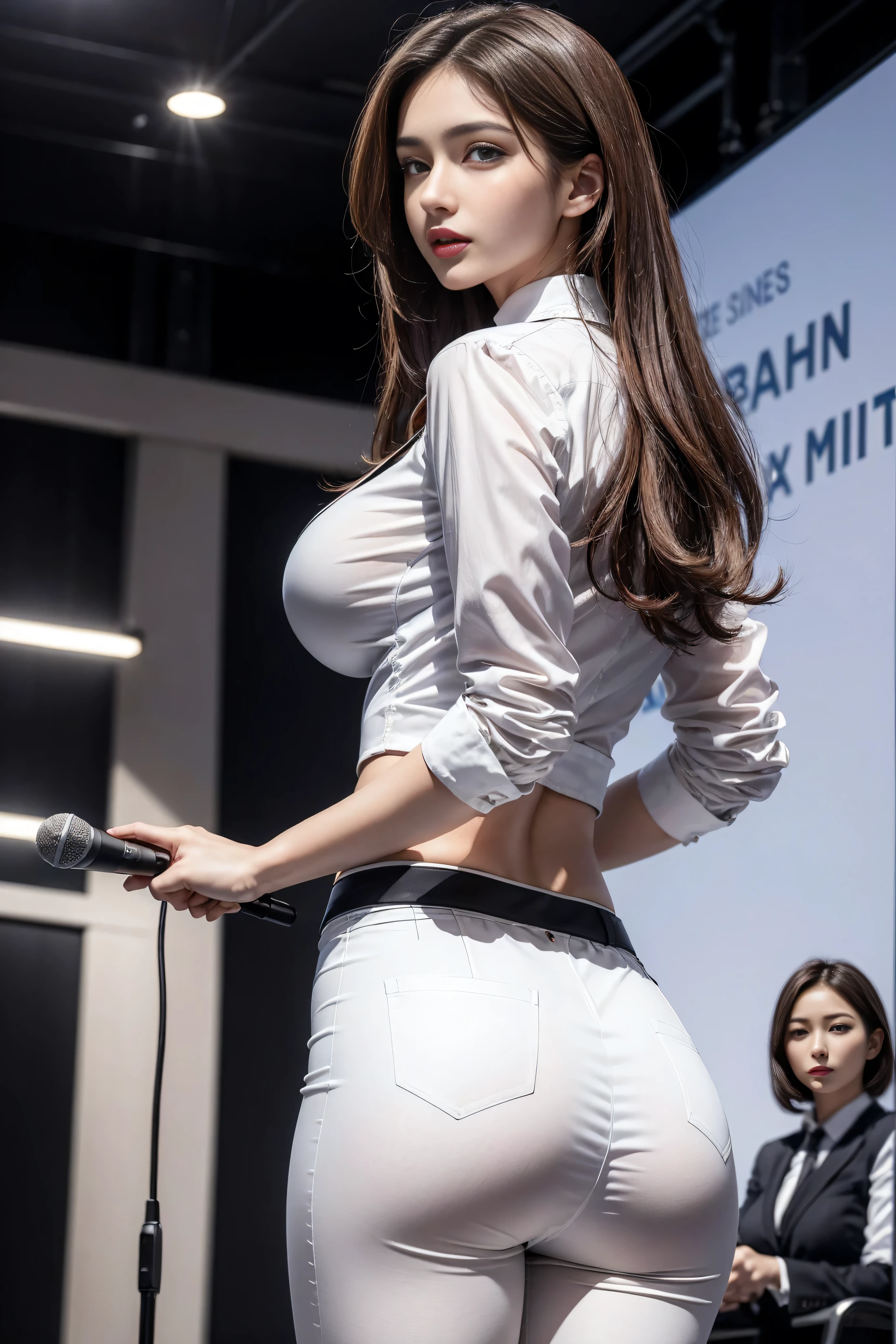 (8k, Best Quality, Masterpiece:1.2), (Realistic, Photorealistic:1.37), Ultra Detailed, 1Girl, (pretty reporter with perfect body, singing, handheld microphone:1.3), (red cheek), serious, (cameramen:1.2), thin waist, (big breasts:1.3), black long hair, (white knit), (black panties:1.2), city street,
