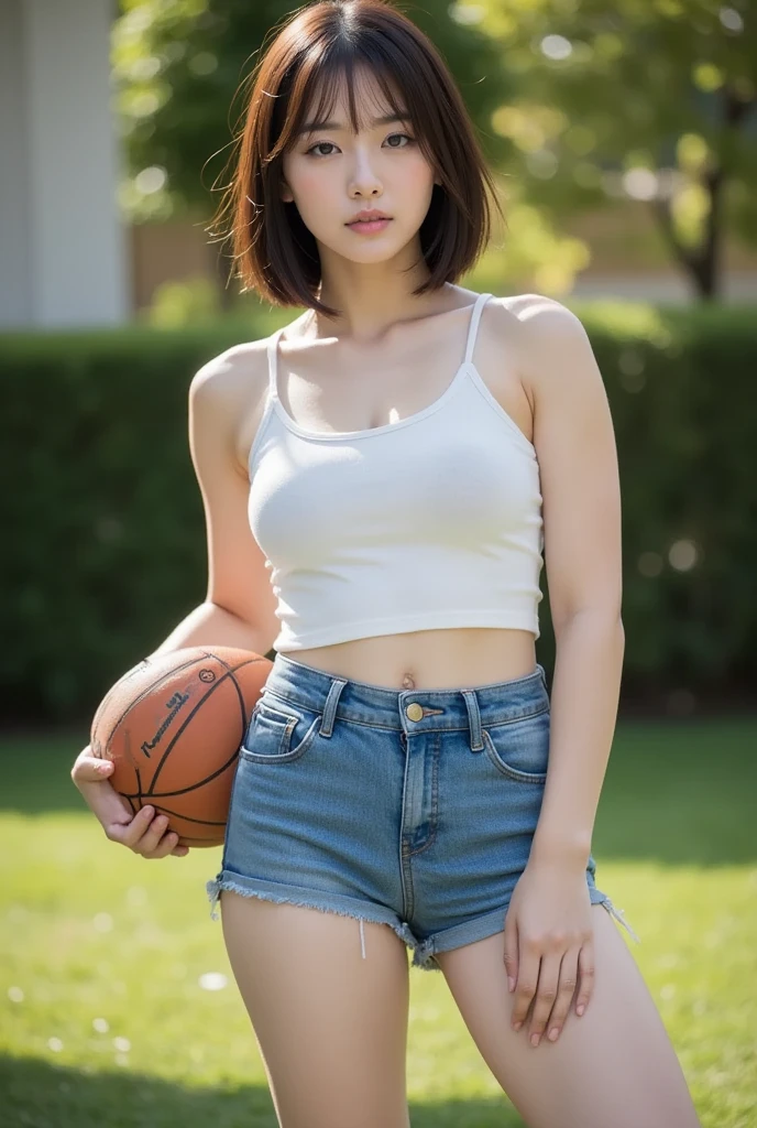 Close up portrait of woman walking in park in white bra、Japan Person Model、Young Sensual Gravure Idol、Young cute gravure idol、Realistic Young Gravure Idol、Realistic sensual gravure idol、Young gravure idols、sophisticated gravure idol、奈良美智、Young skinny gravure idol、beautifull asian girl ever、oppai、full body Esbian、White camisole、The whole body is soaking wet、Sheer 、Small area black sexy lingerie、(8K, Best Quality, masutepiece: 1.2), (Realistic, Realistic: 1.37), ultra - detailed, Best Quality, 超A high resolution, Professional Lighting, photon maping, Radio City, physically-based renderingt, Cinematic lighting, Basketball Playground, depth of fields, Sharpness focus, Sunlight, Well structured, (Bokeh: 1.2) 1girl in, Solo, (full body Esbian), (Closed mouth), Beautiful and detailed eyes, Pose, Narrow waist, Basketball suit, Black hair, hair messy, long hair blowing in the wind, (ulzzang-6500:1.2) mix4, hiqcgbody
